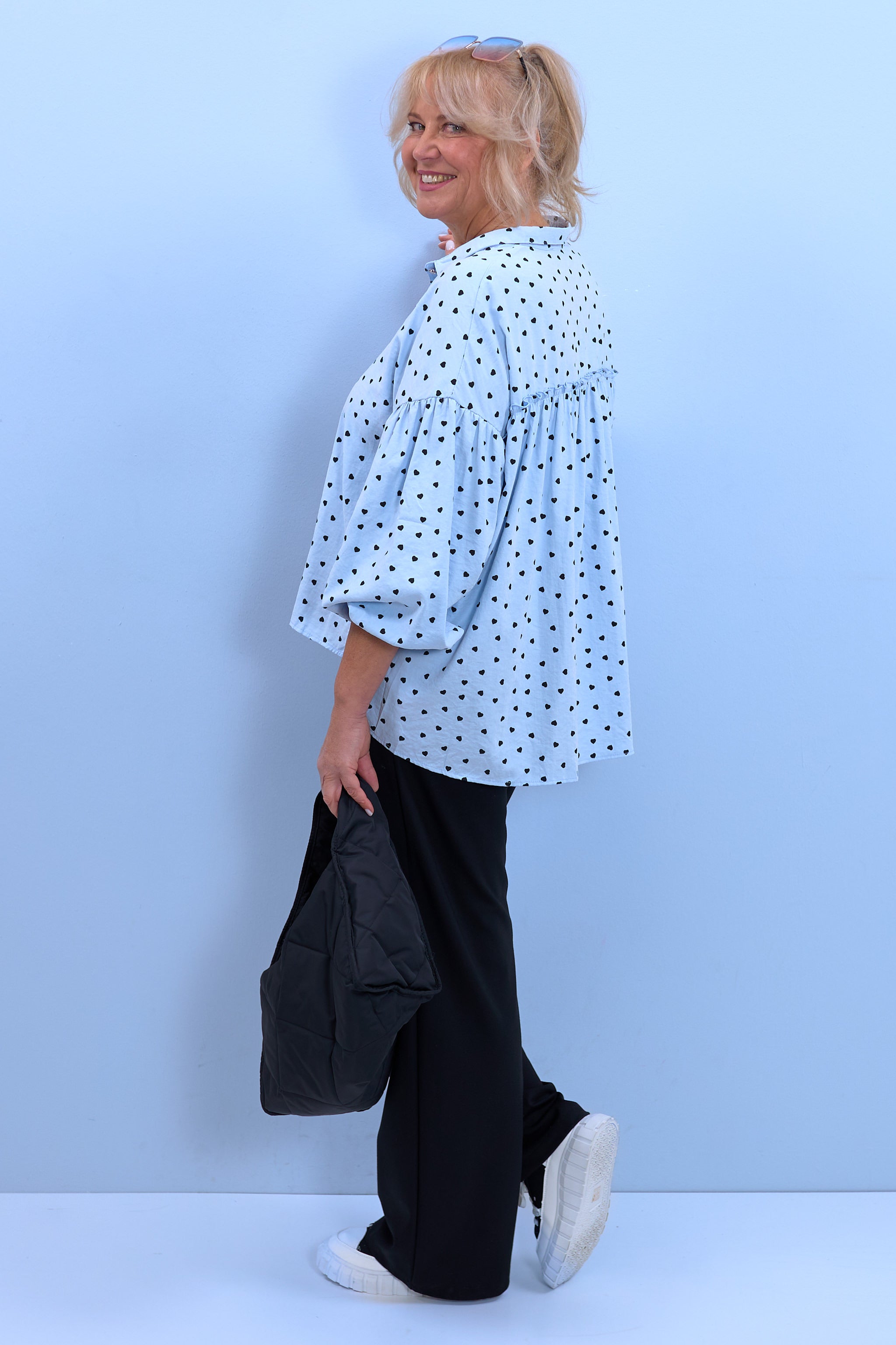 Blouse with small hearts, light blue-black