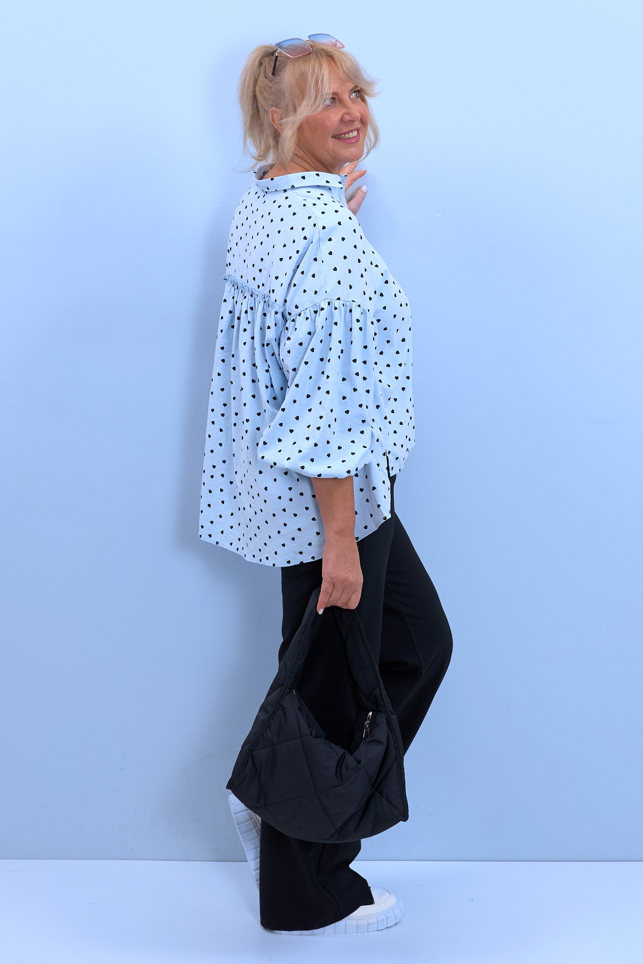Blouse with small hearts, light blue-black