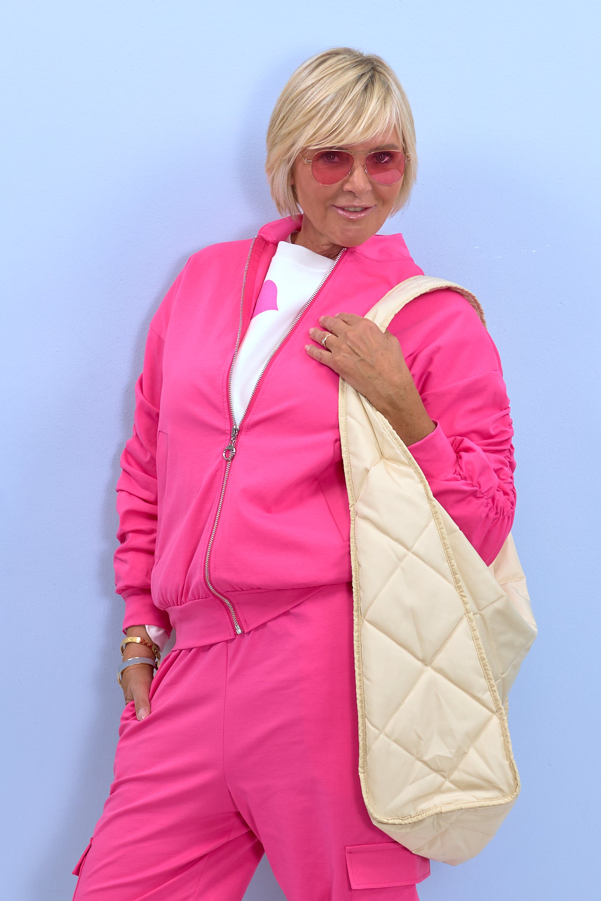 Blouson jacket with ruffled sleeves, pink