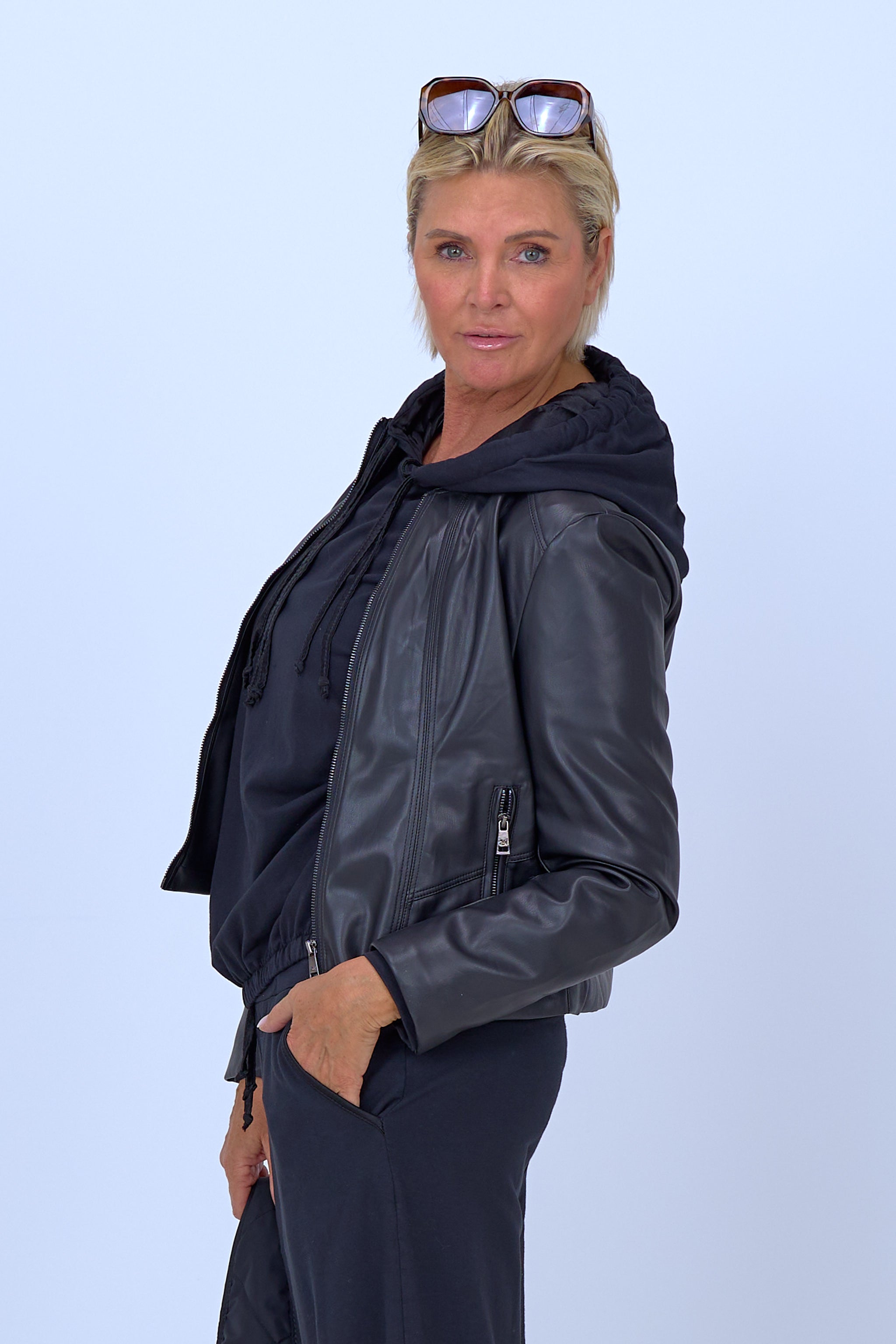 Short faux leather jacket, fitted, black