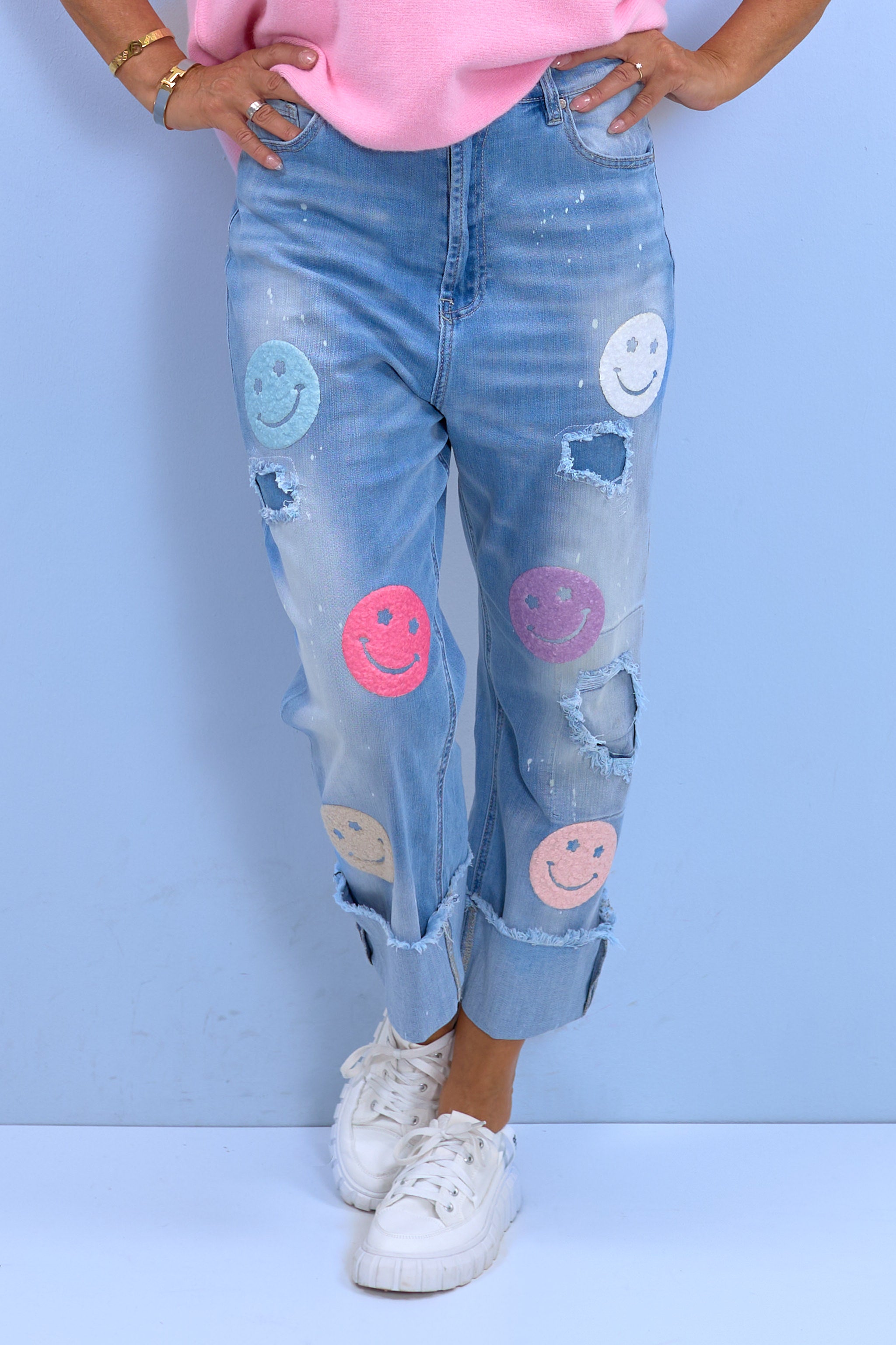 High Waist Jeans mit Smileys, denim-blue