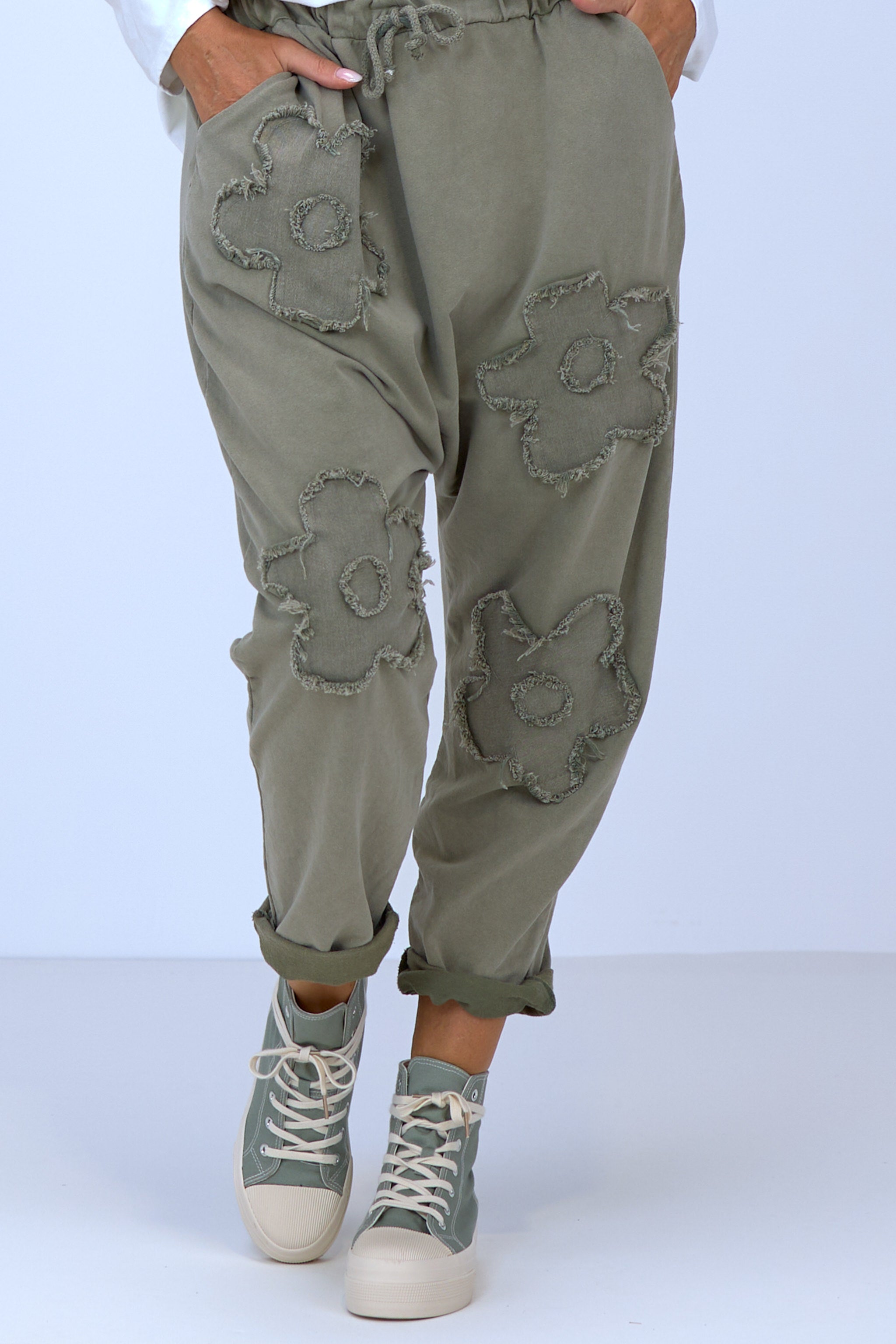 Baggy pants with denim flowers, khaki