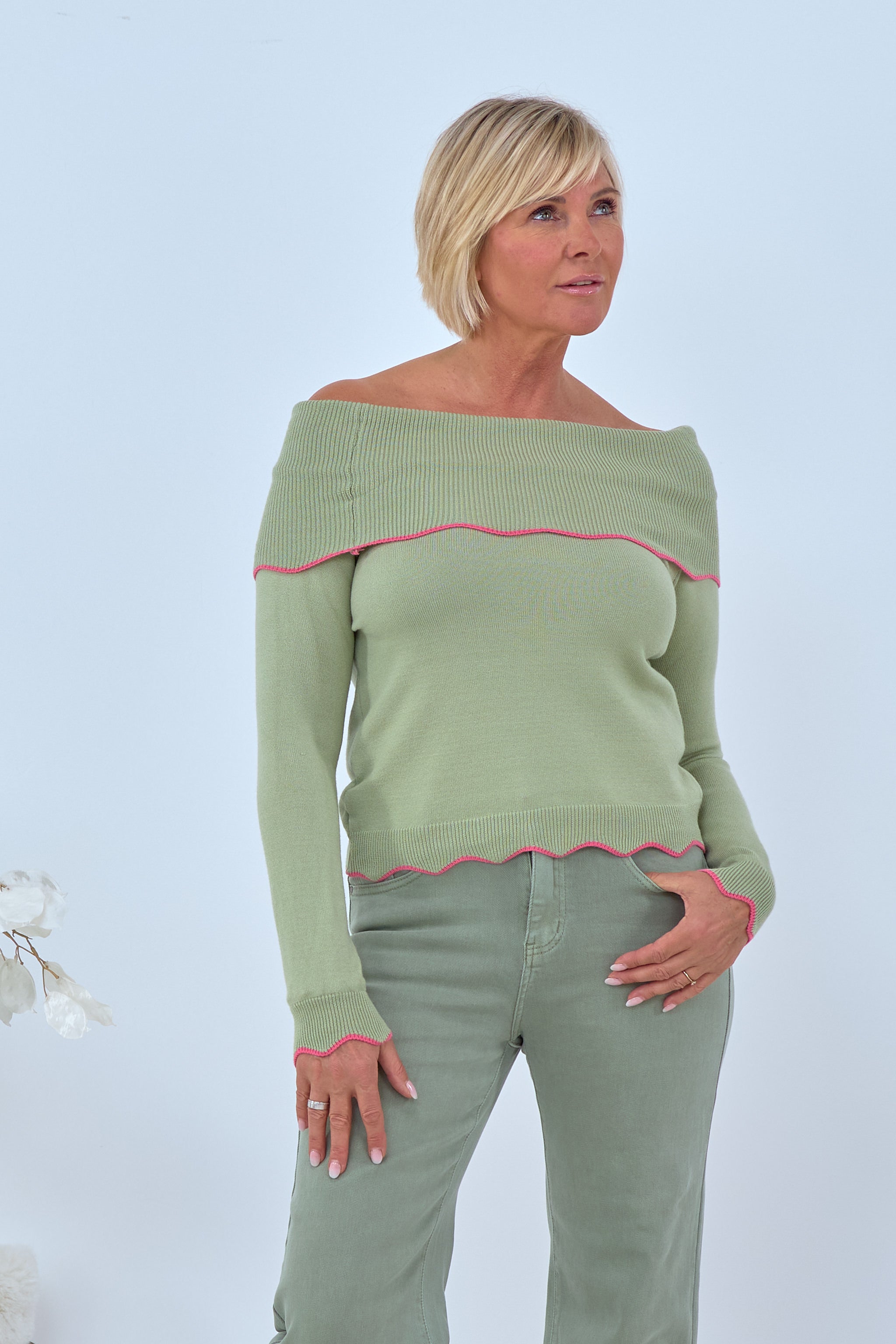 Off-shoulder sweater with a Carmen neckline, lime green