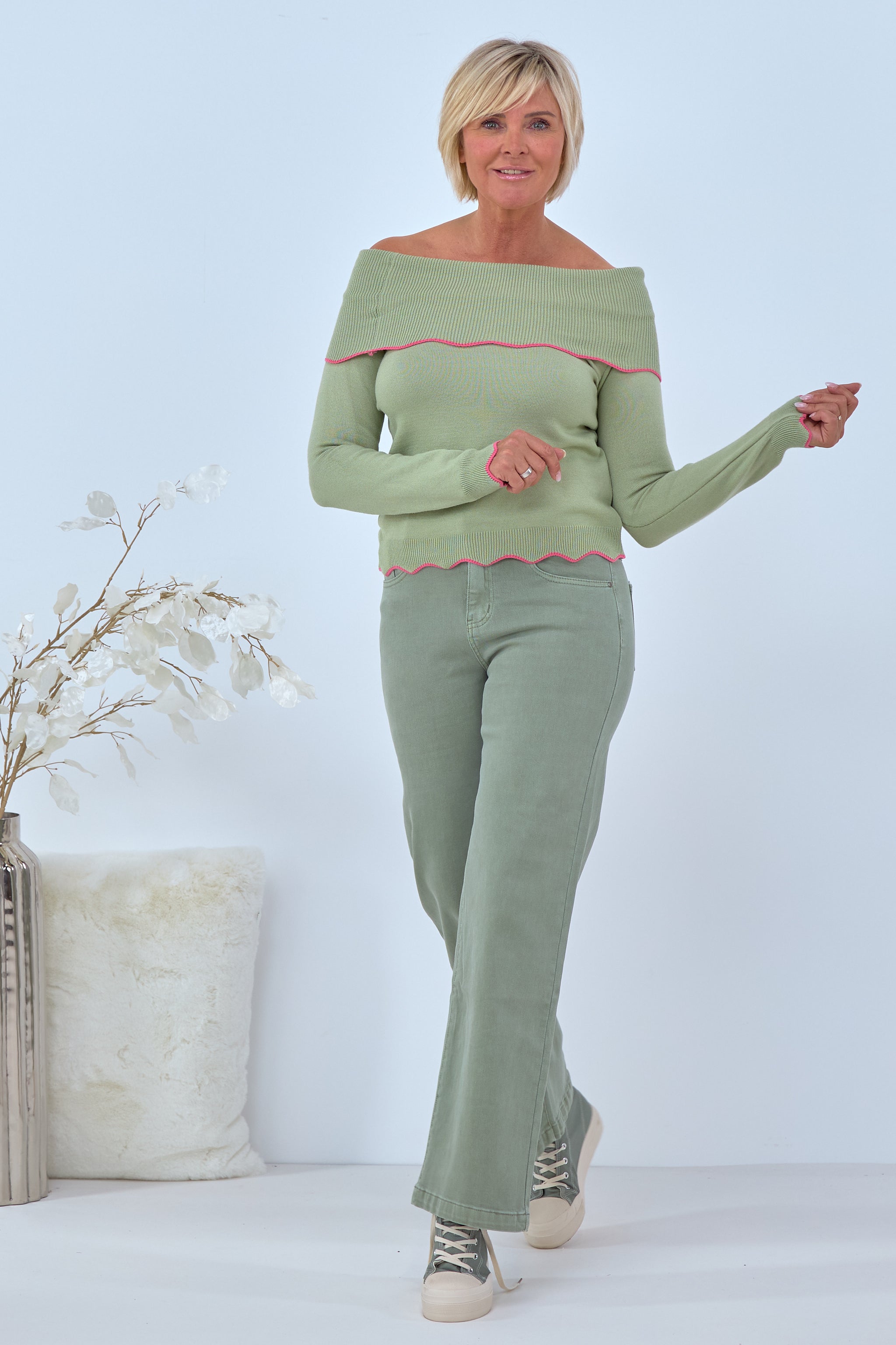 Off-shoulder sweater with a Carmen neckline, lime green