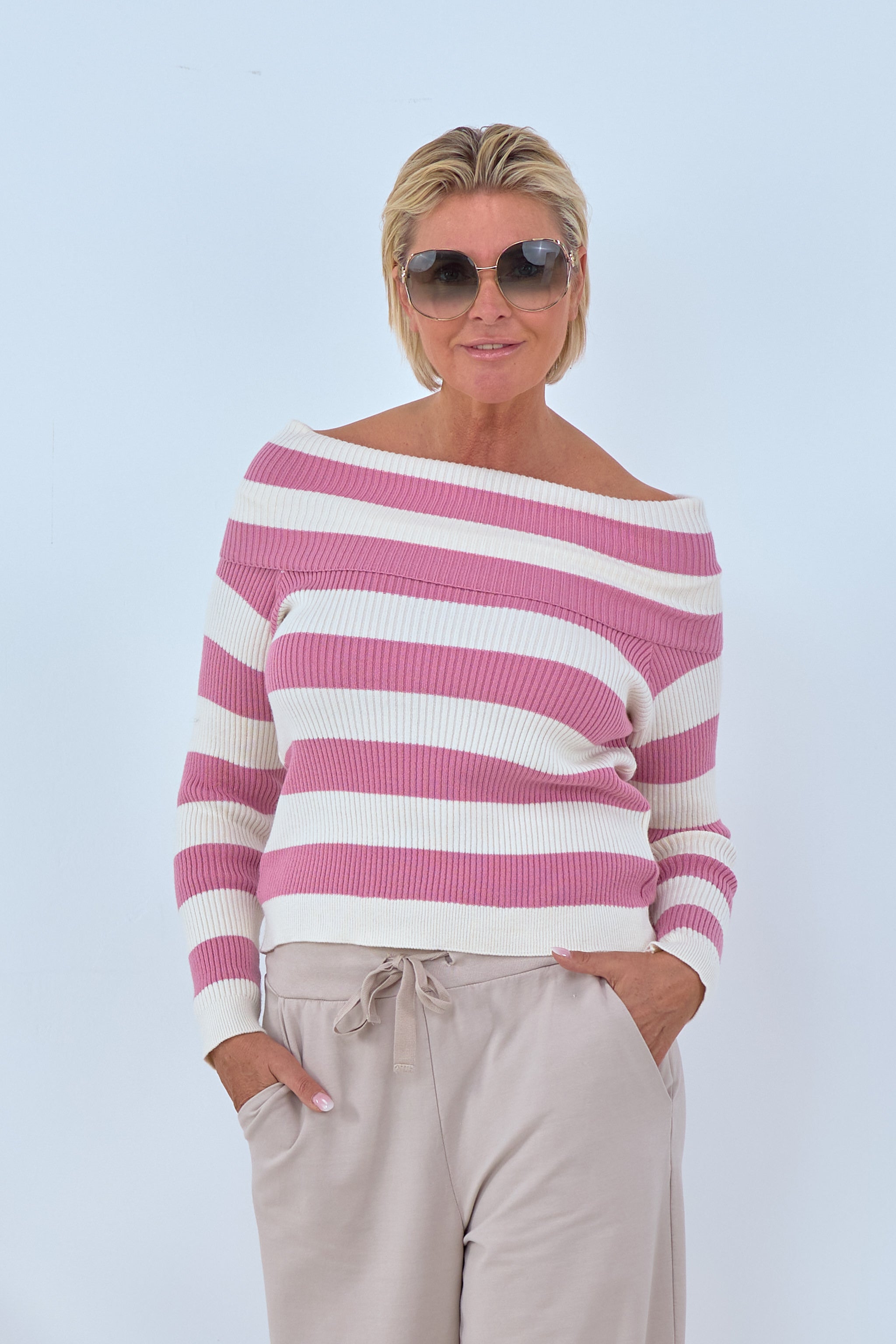 Damen schulterfreier carmen Pullover gestreift rosa Trends & Lifestyle Deutschland GmbH