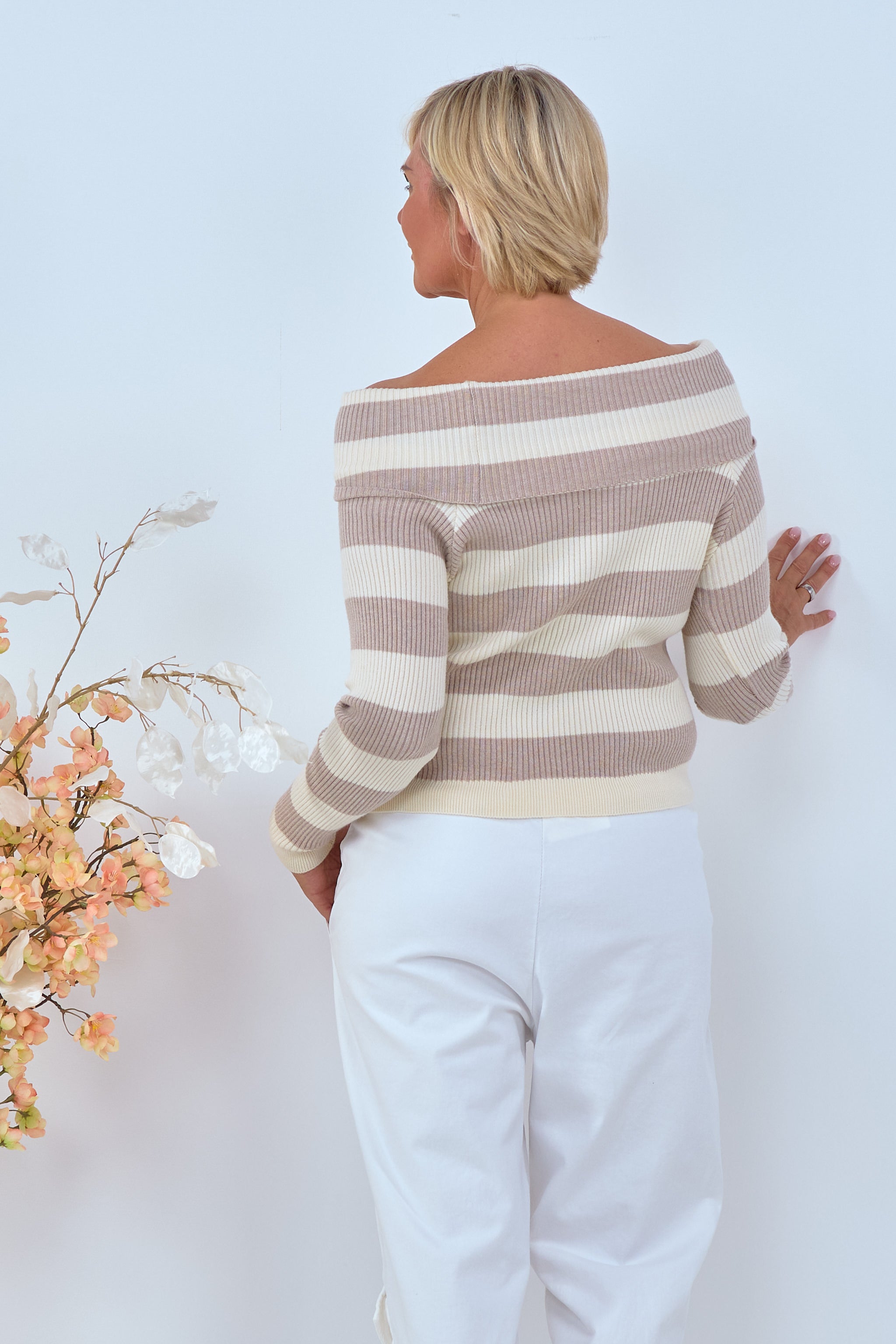 Off-shoulder, striped sweater with a Carmen neckline, taupe