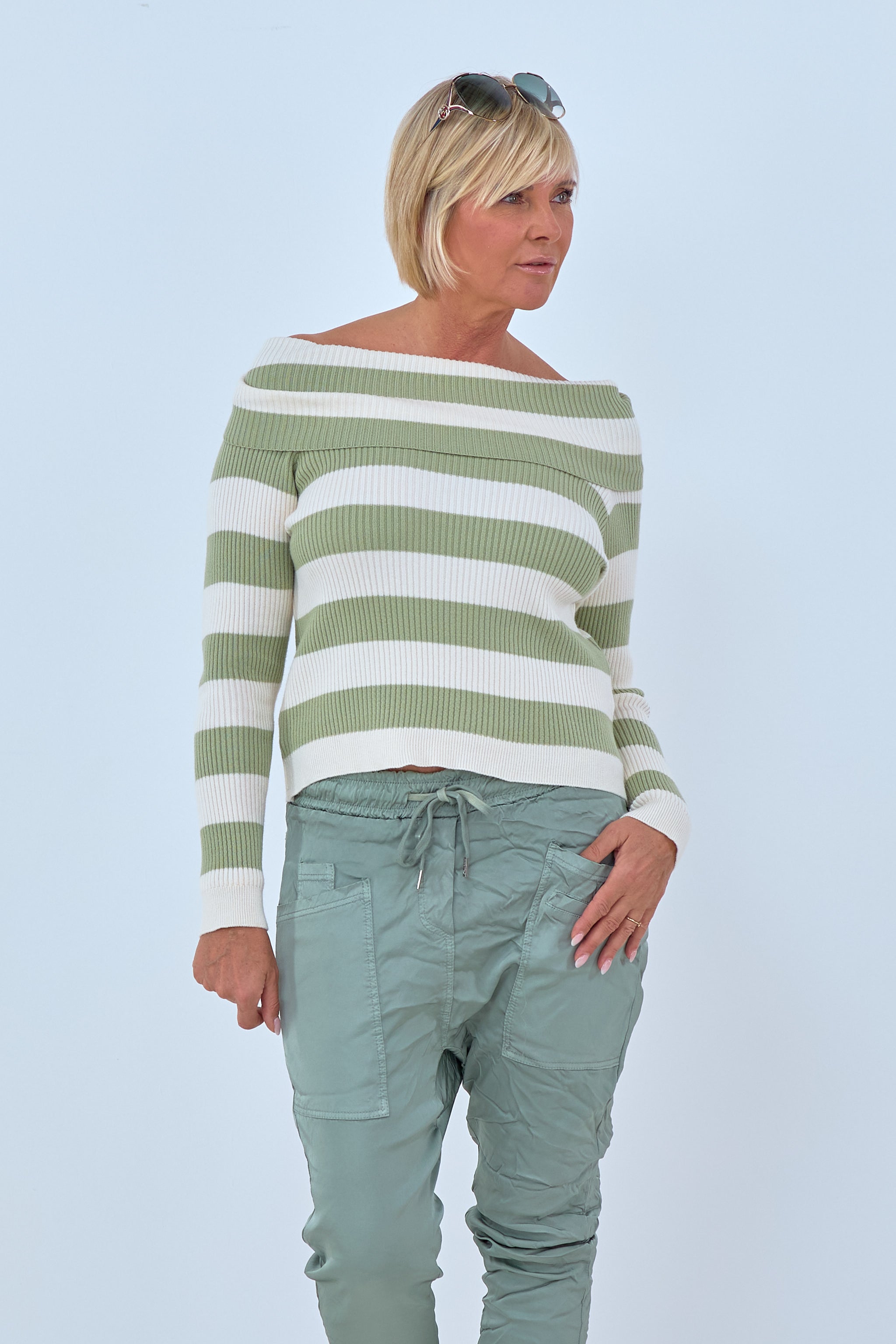 Off-shoulder, striped sweater with a Carmen neckline, lime green