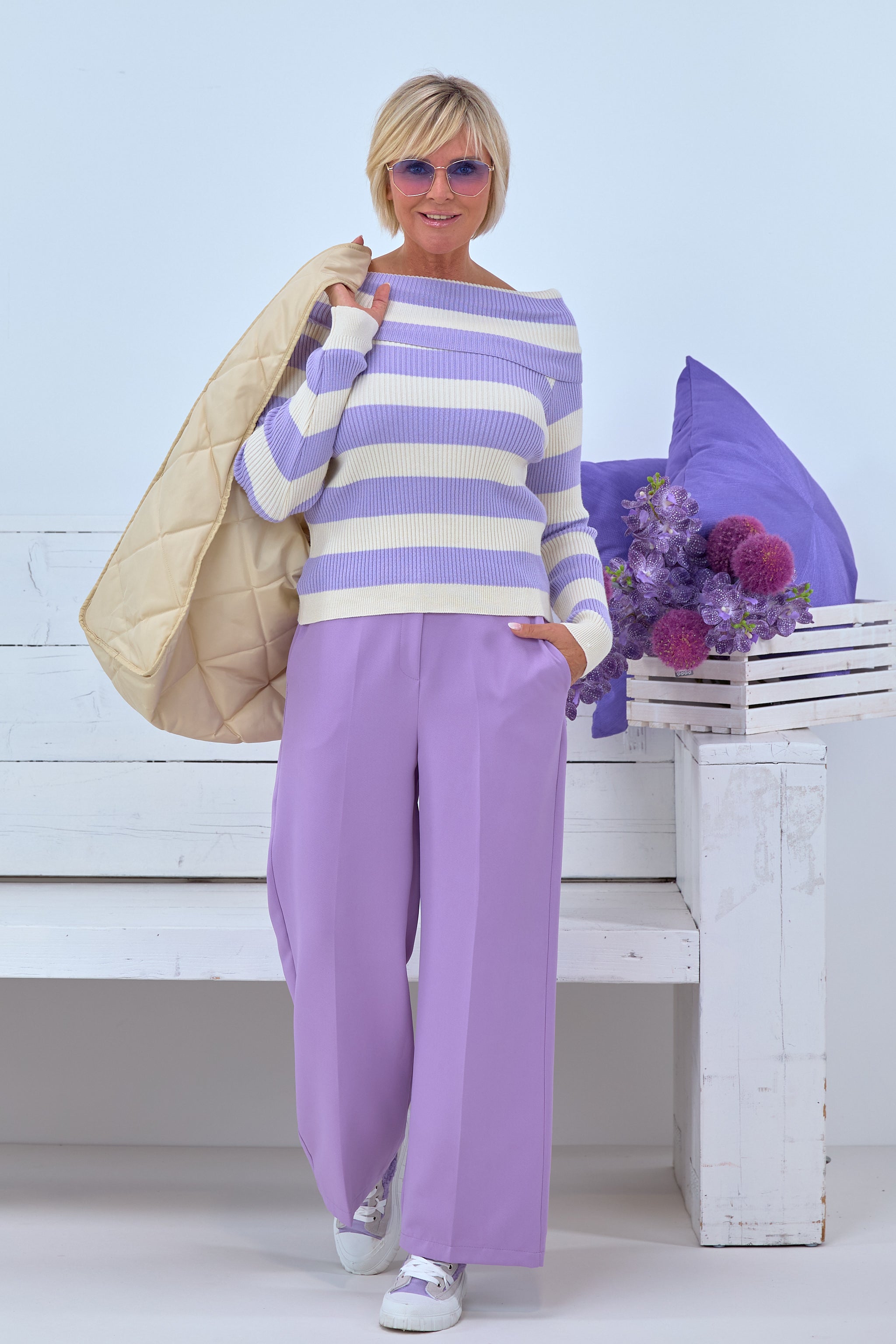 Off-shoulder, striped sweater with a Carmen neckline, lilac