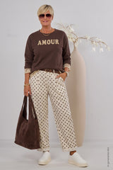 Polka-dot trousers with belt, light beige-brown