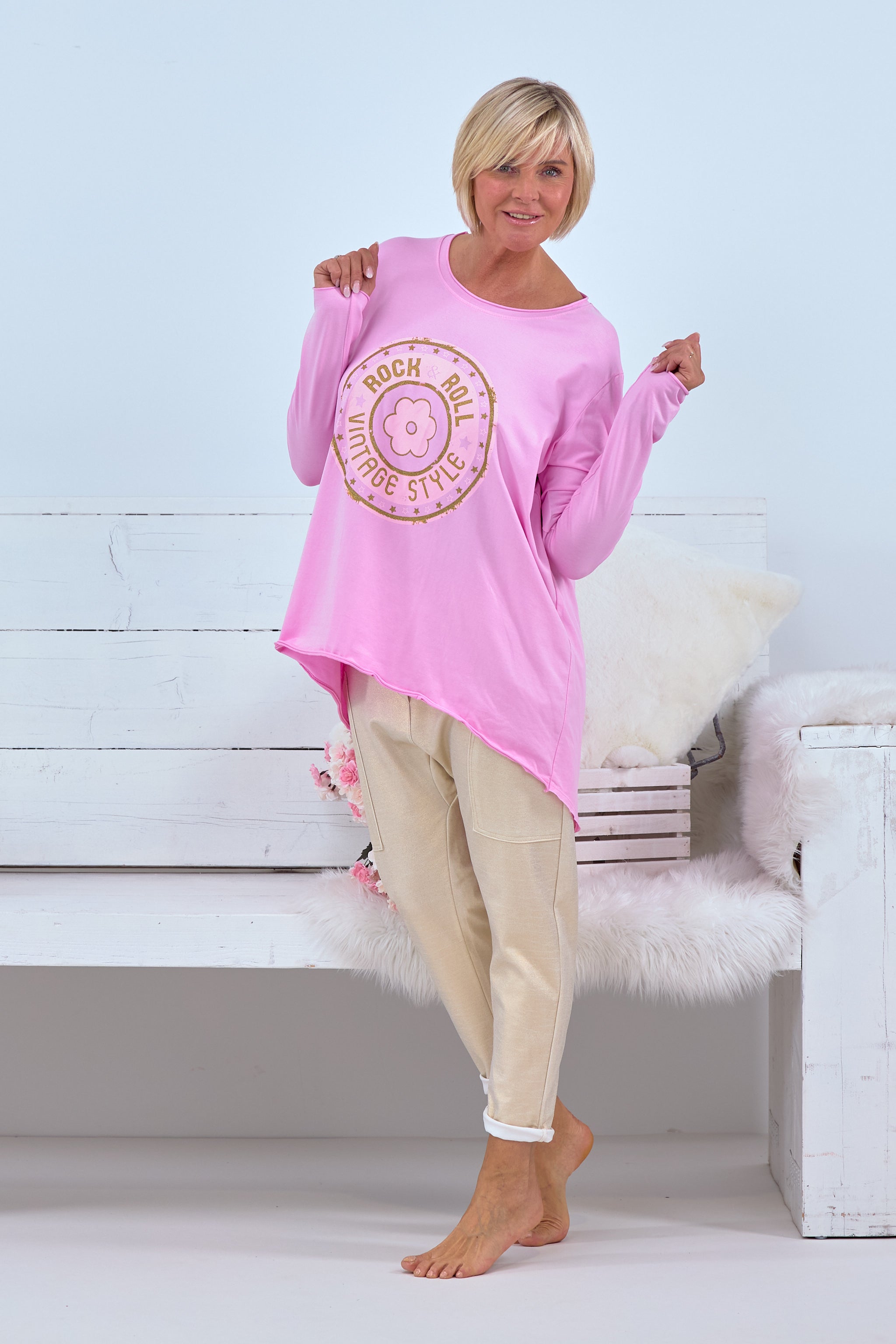 Oversized shirt with rock & roll print, light pink