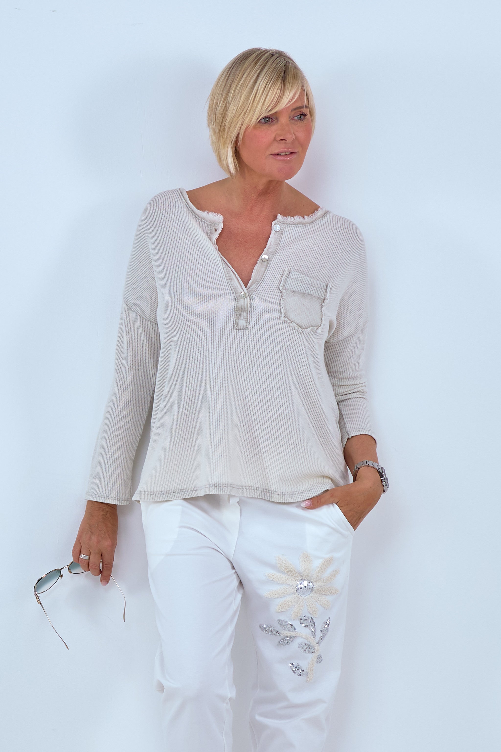 Long-sleeved shirt with button placket, beige