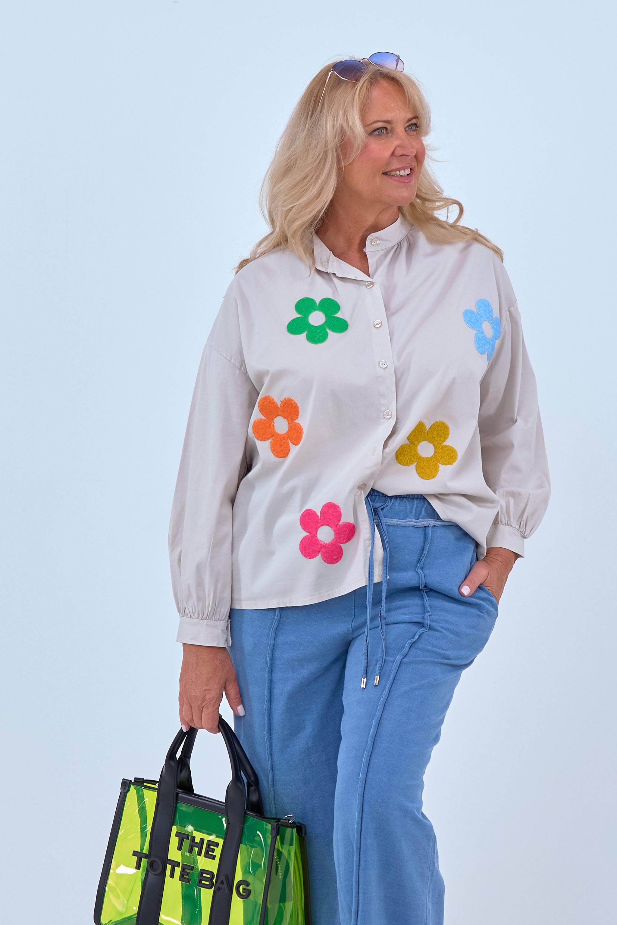 Blouse with stand-up collar and flowers, beige