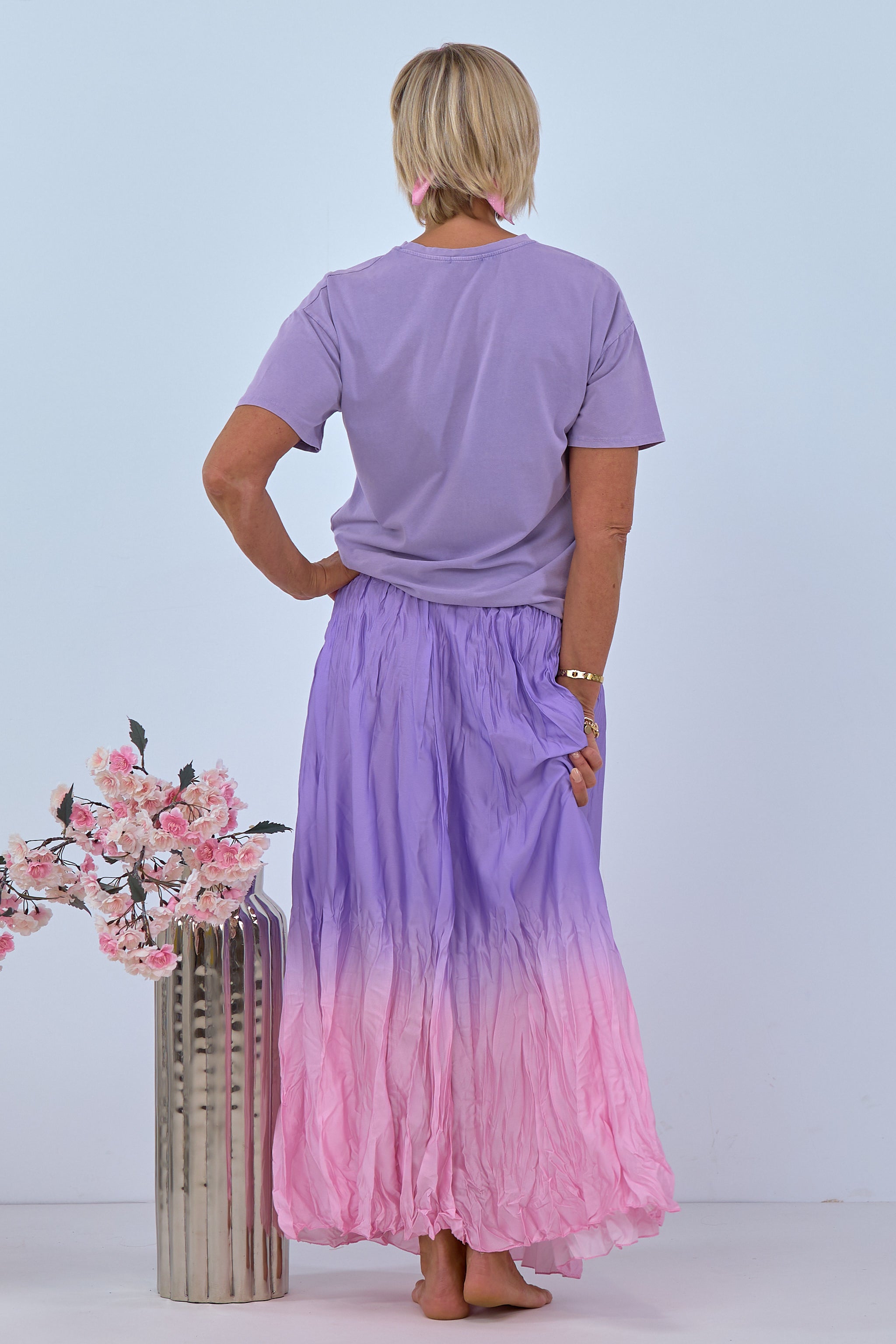 Bicolor skirt with a crinkled look, purple-light pink