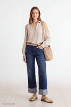 Off-Shoulder Bluse mit langen Ärmeln, beige
