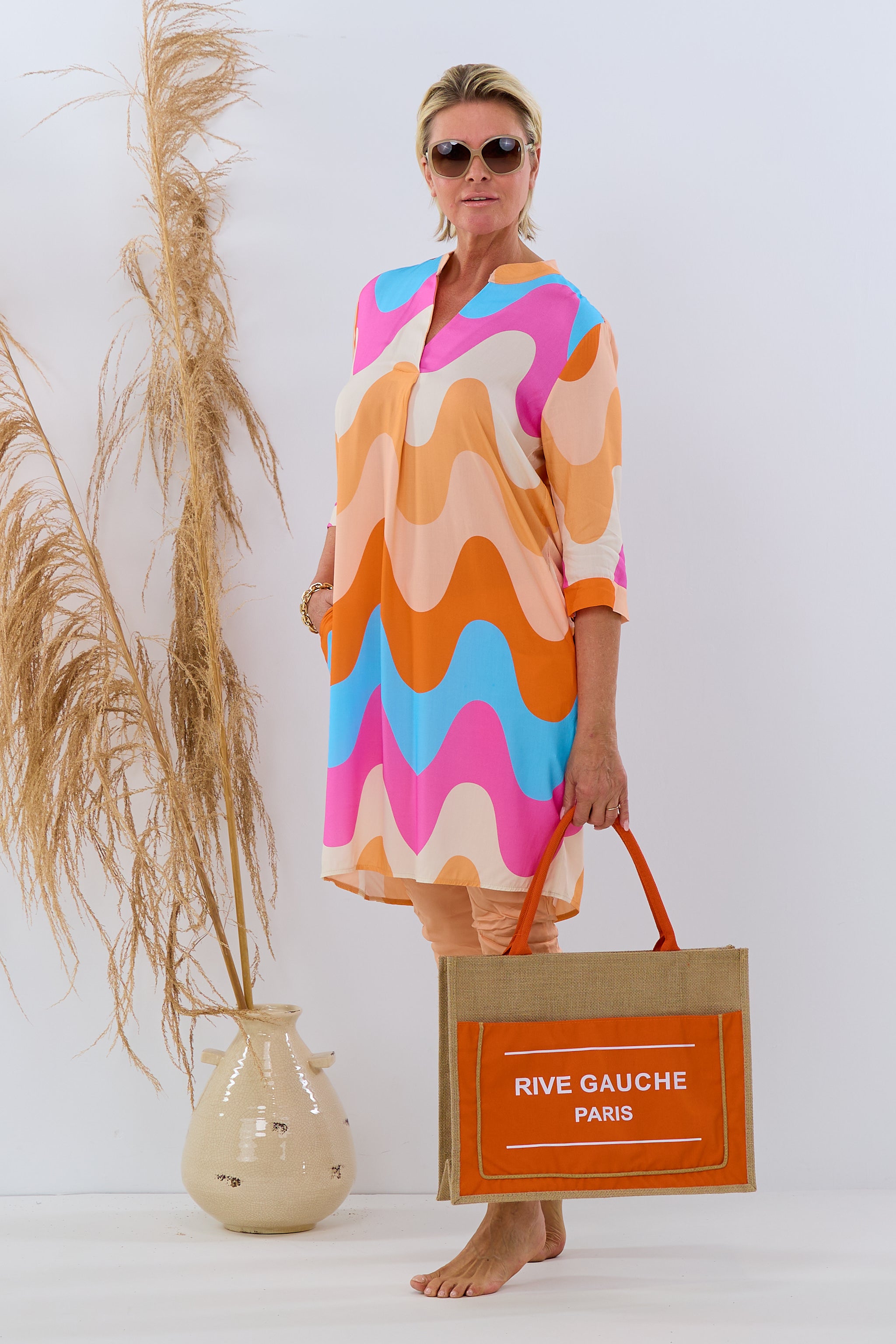 Damen Kleid Longbluse Retro Muster orange blau TLD GmbH
