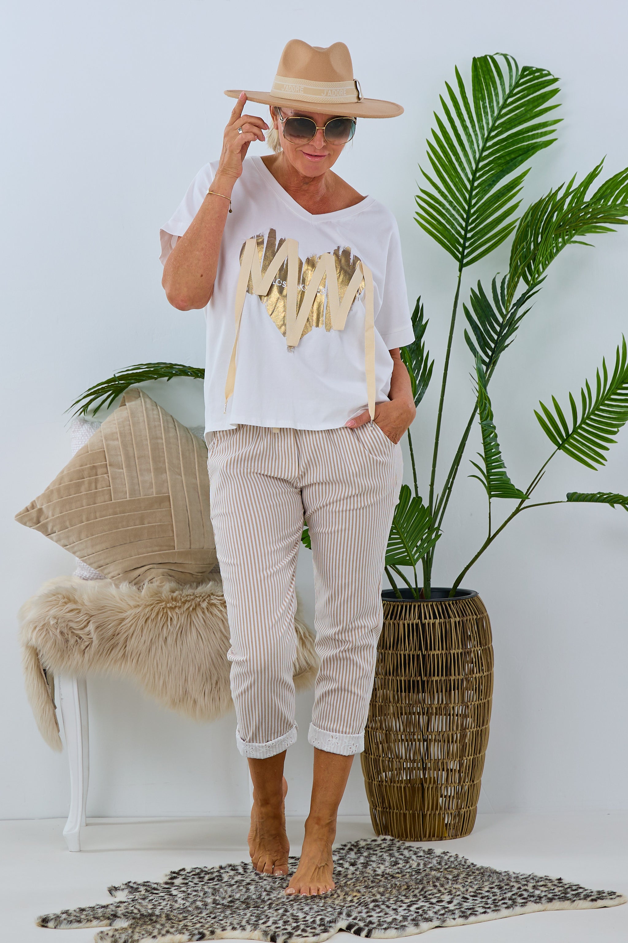 Damen T-Shirt mit Print und Zierband weiß-gold Trends & Lifestyle