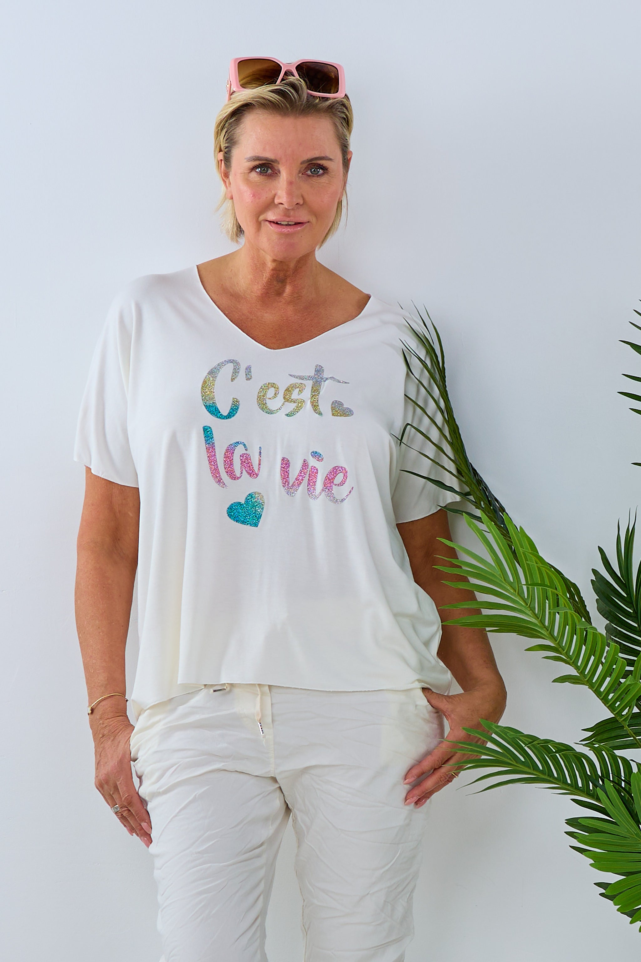 Damen T-Shirt mit Glitzer-Print weiß Trends & Lifestyle