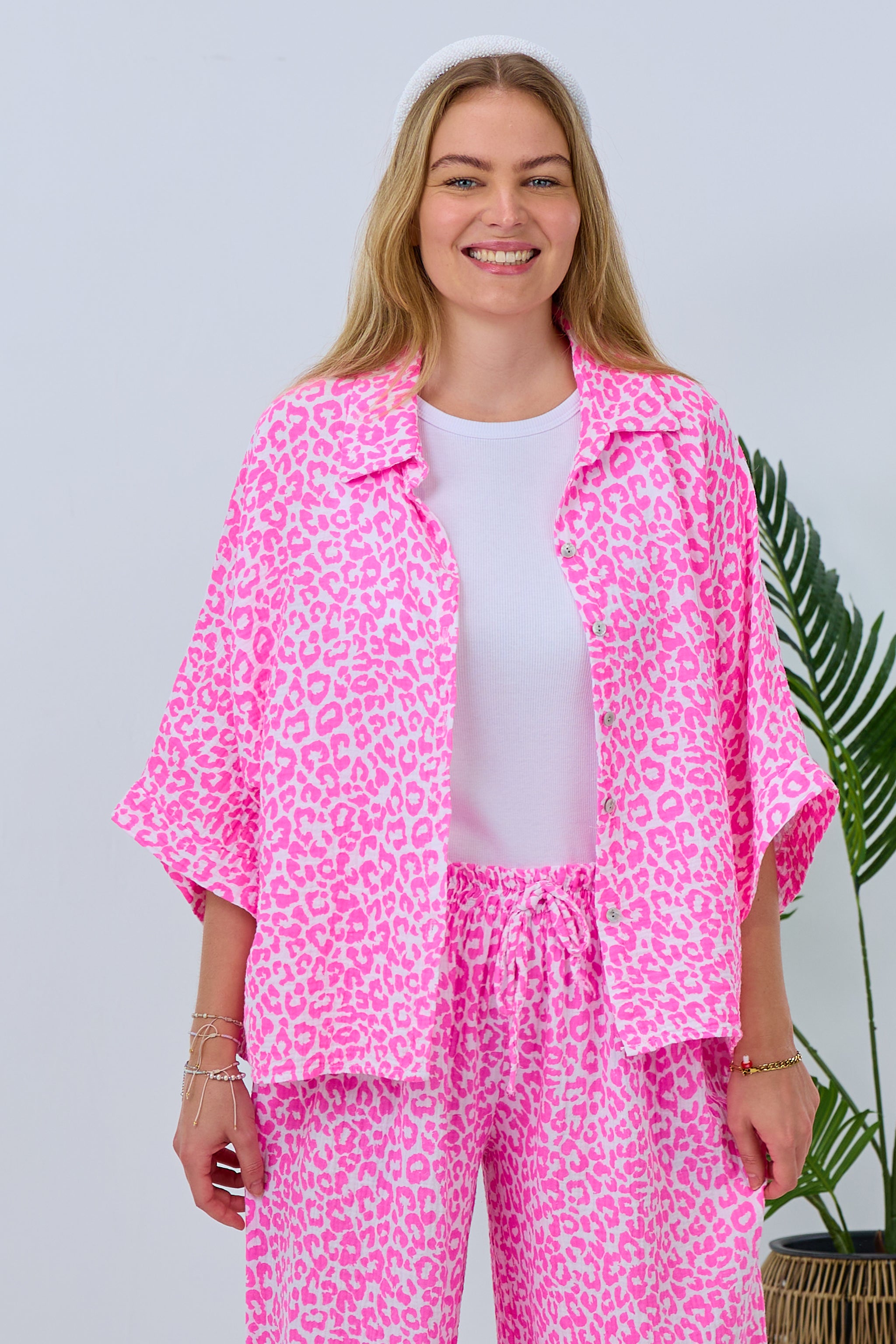 Damen Musselin Bluse pink-weiß leo Trends & Lifestyle