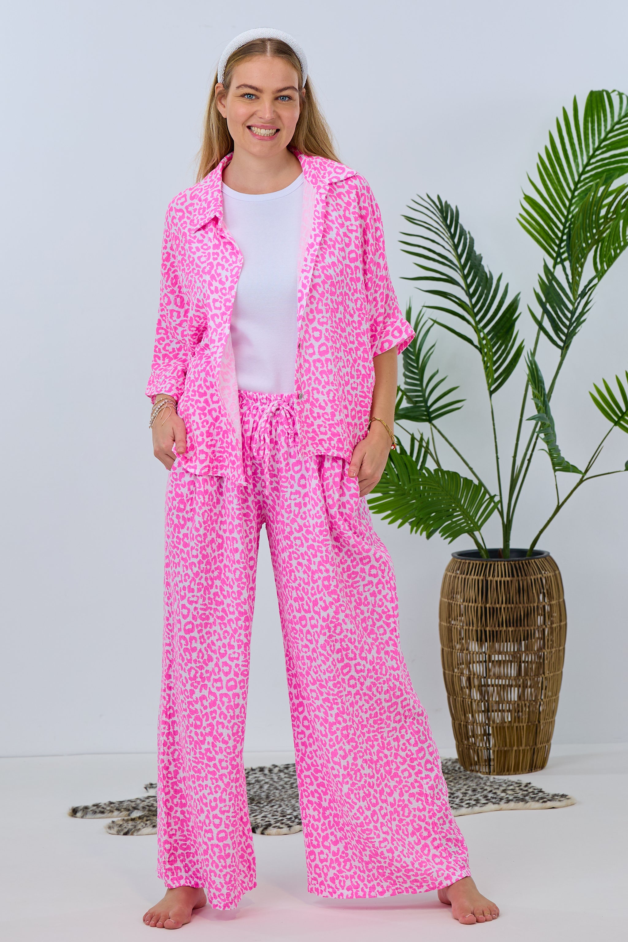 Damen Musselin Hose pink-weiß leo Trends & Lifestyle