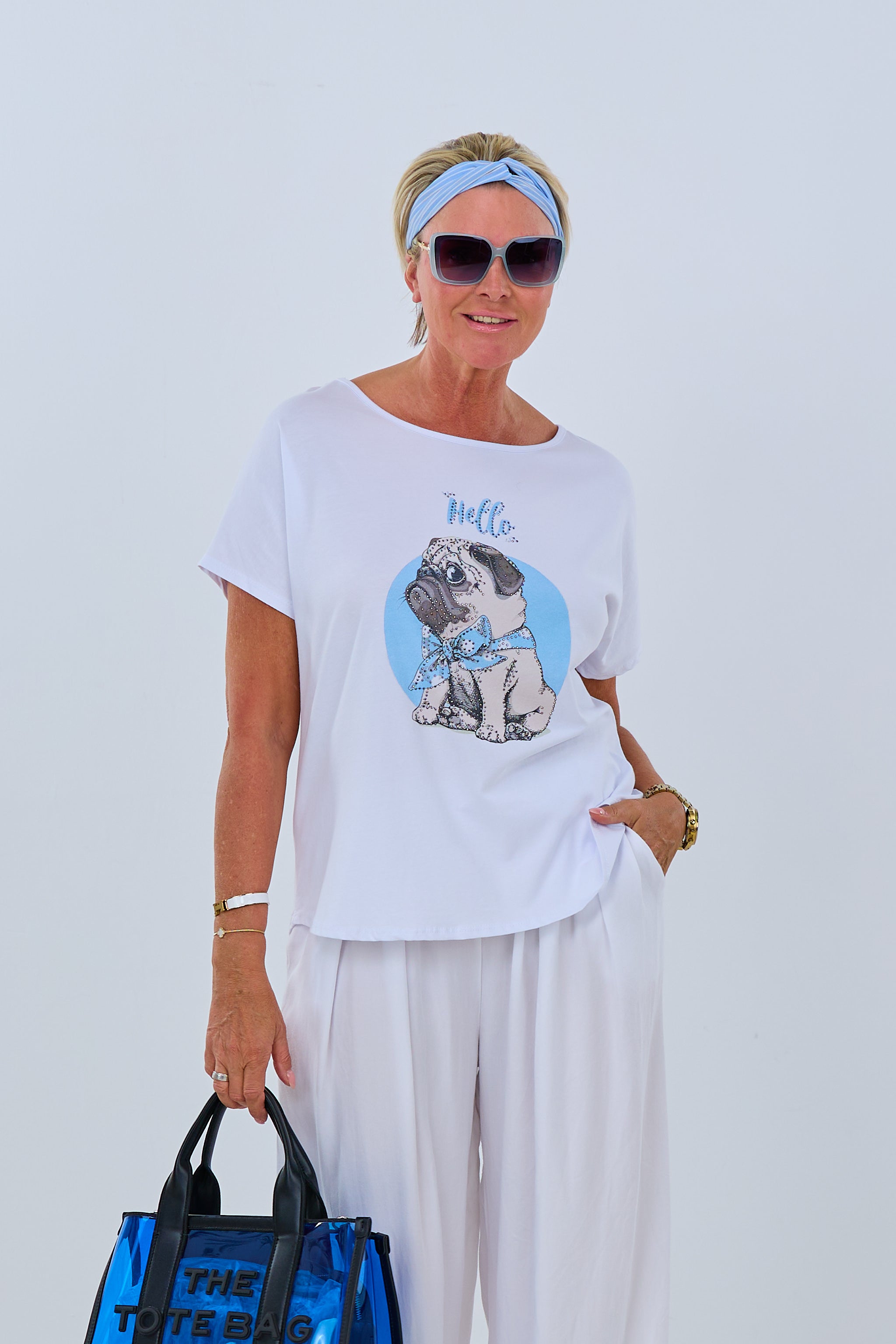 Damen Shirt mit Print und Strasssteinen weiß-blau von Trends & Lifestyle