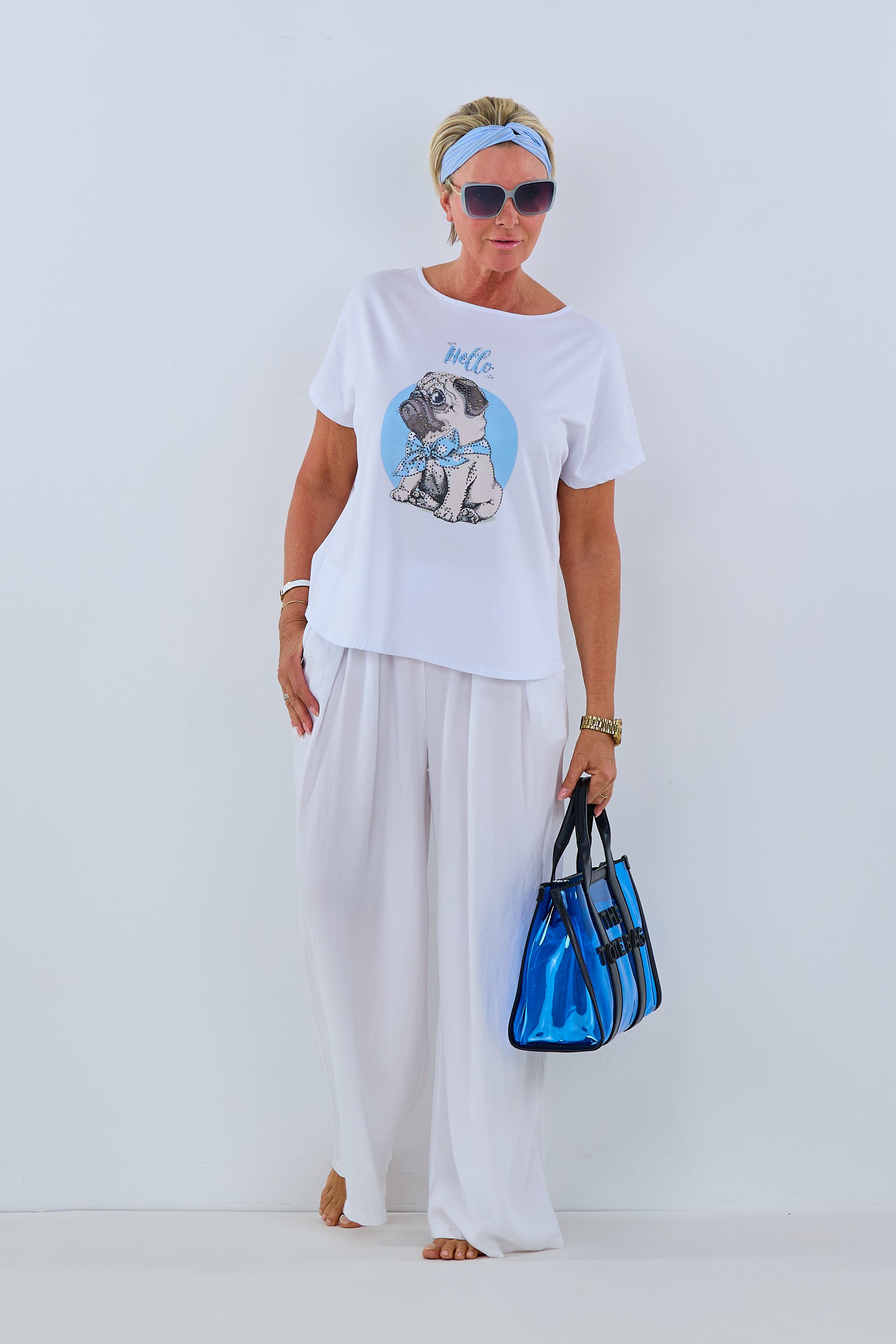 Damen Shirt mit Print und Strasssteinen weiß-blau von Trends & Lifestyle