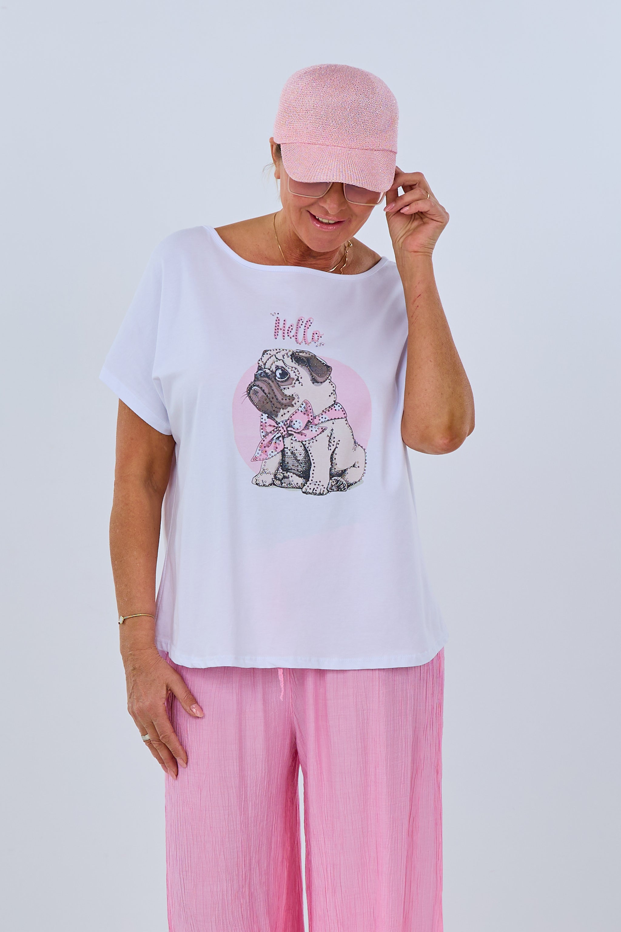 Damen Shirt mit Print und Strasssteinen weiß-rosa von Trends & Lifestyle