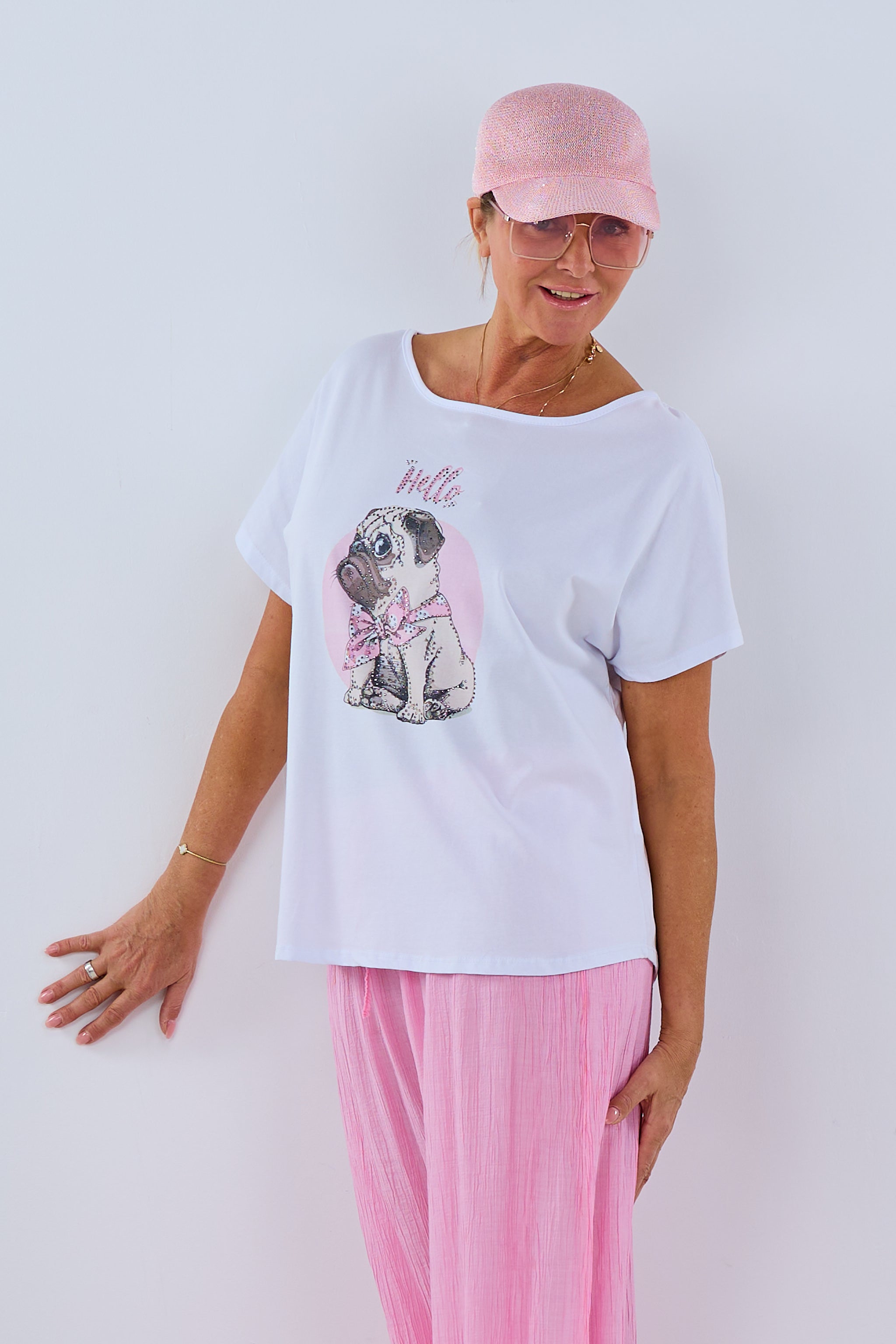 Damen Shirt mit Print und Strasssteinen weiß-rosa von Trends & Lifestyle