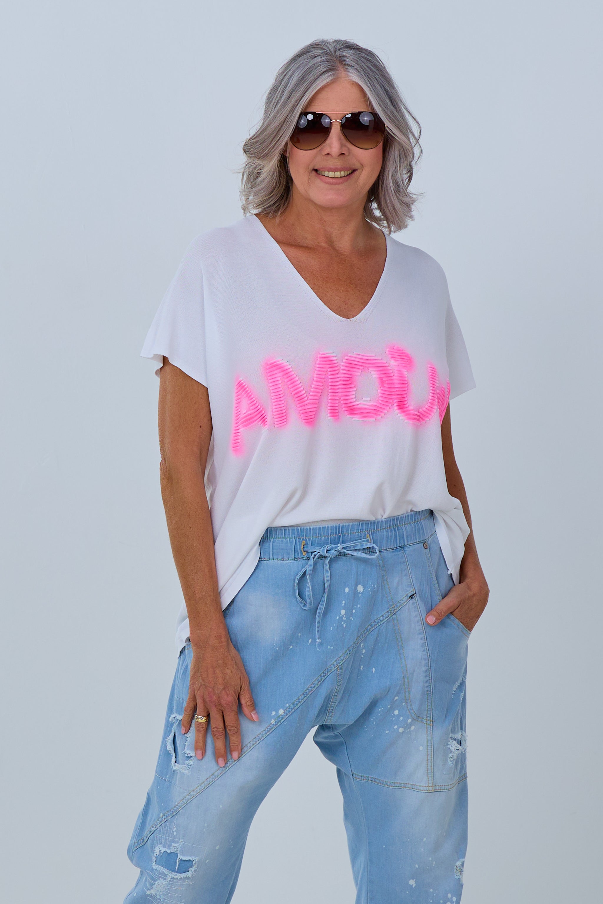 Kurzarm Shirt mit Amour-Schriftzug, weiß-pink von Trends & Lifestyle