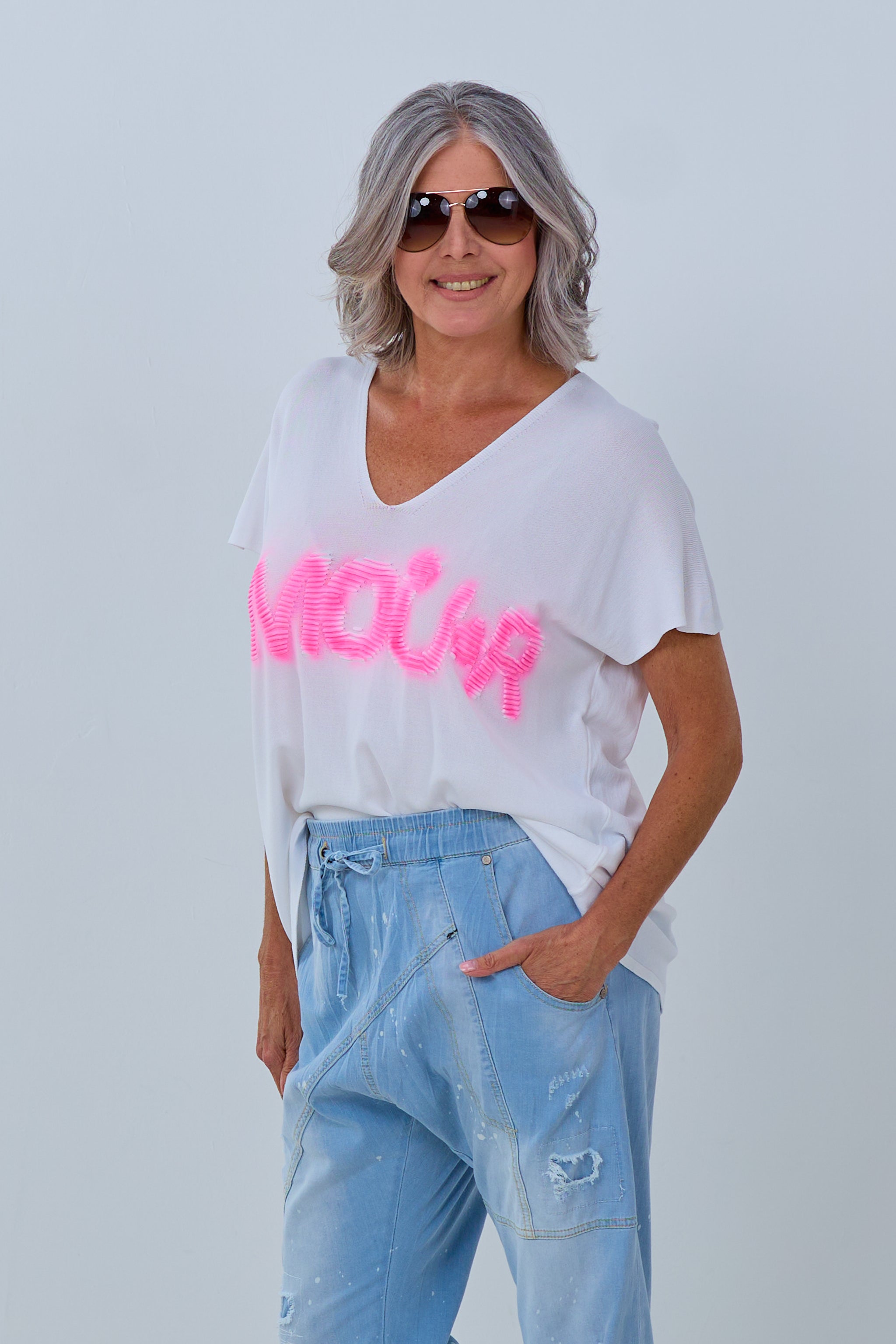 Kurzarm Shirt mit Amour-Schriftzug, weiß-pink von Trends & Lifestyle
