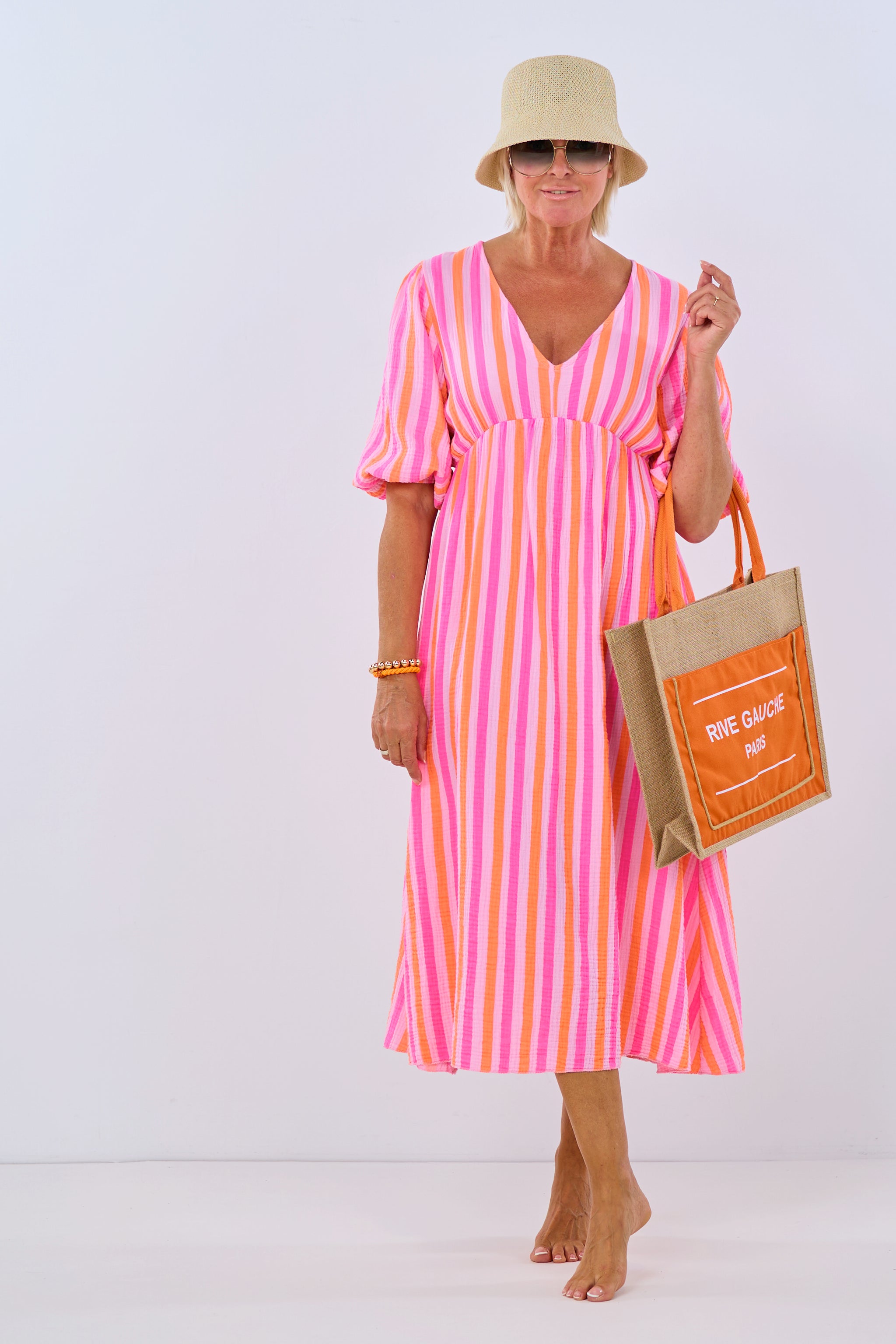 Musselin Kleid mit Streifen, rosa-pink-orange von Trends & Lifestyle