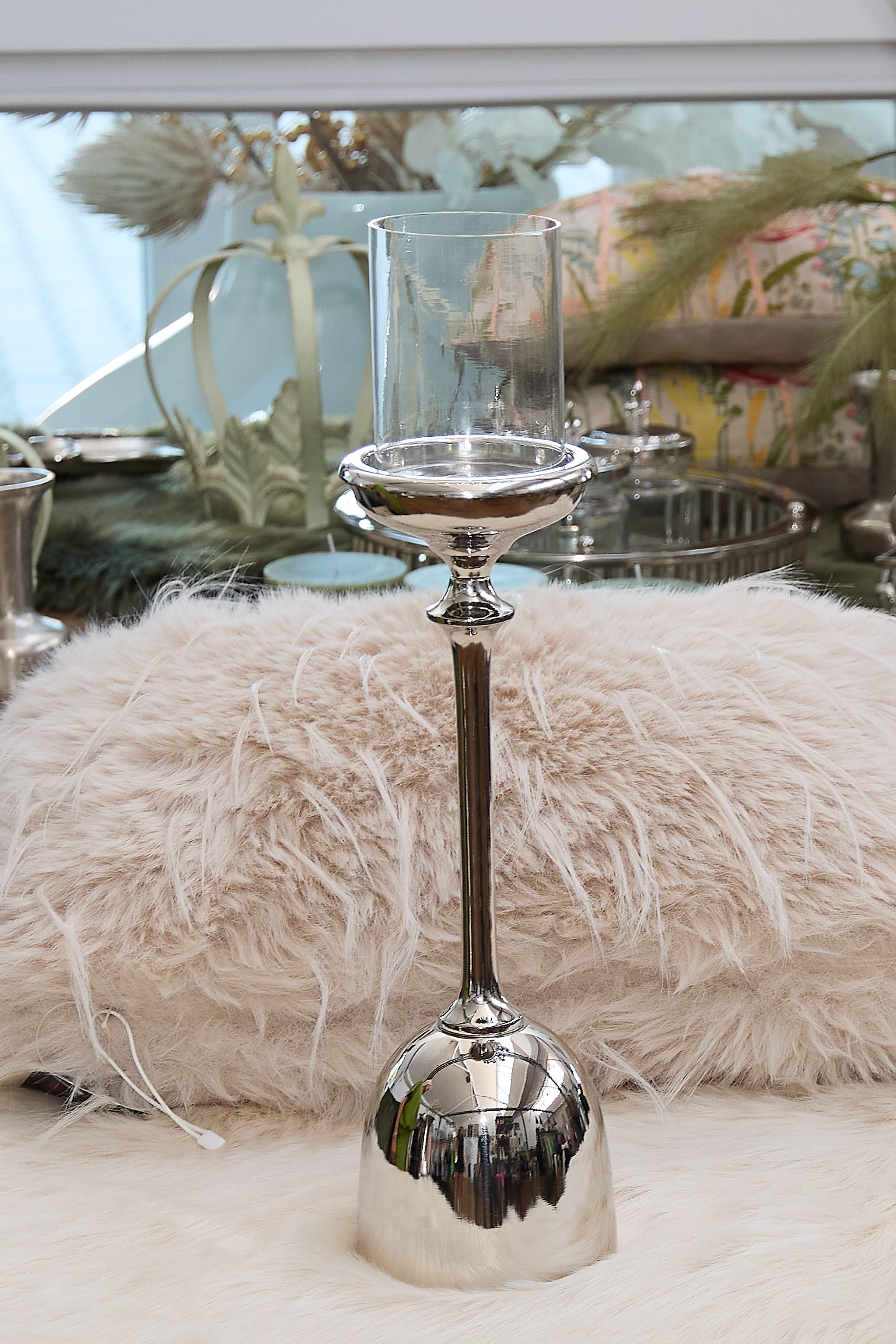 Large candle or tealight stand, silver-colored glass