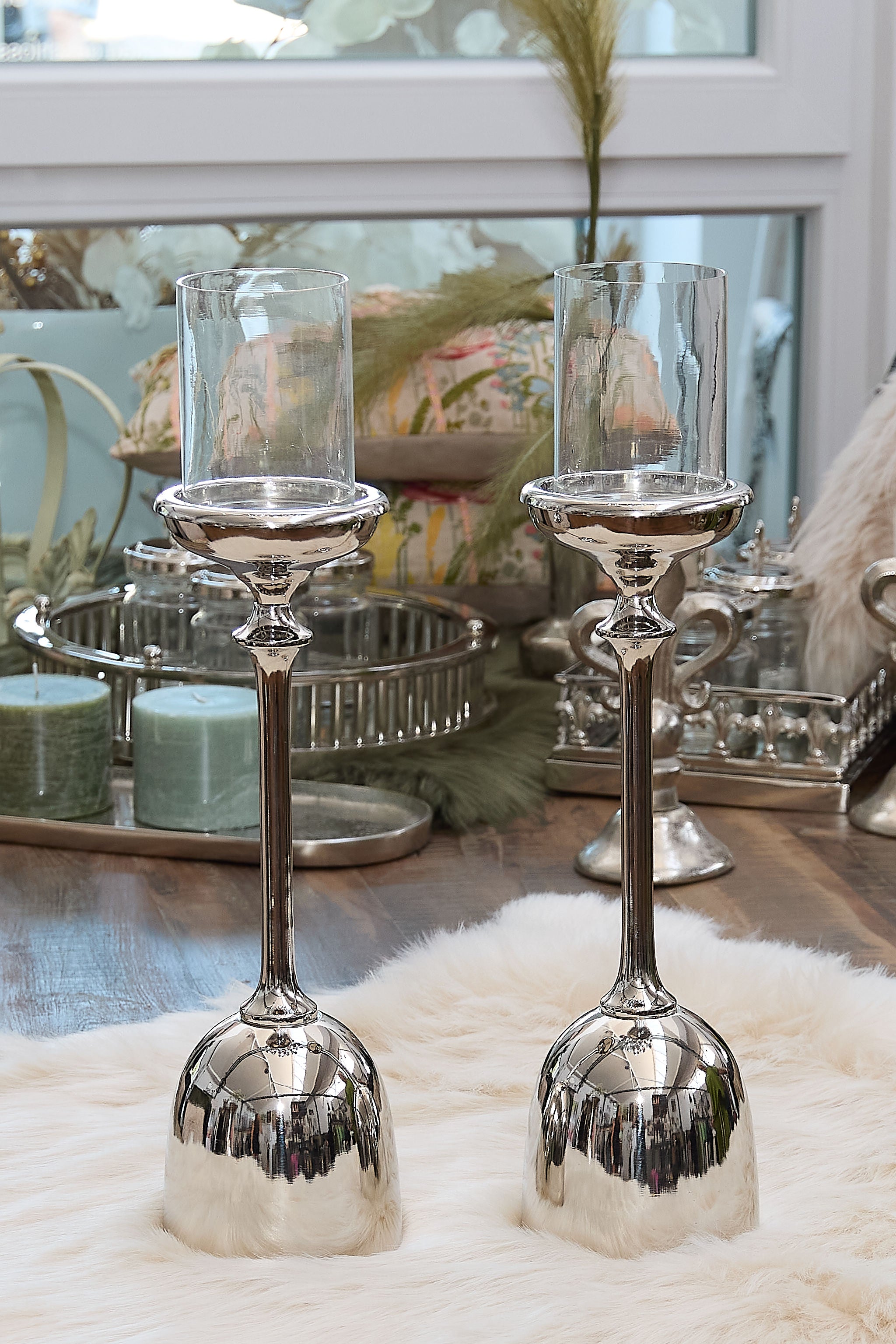 Large candle or tealight stand, silver-colored glass