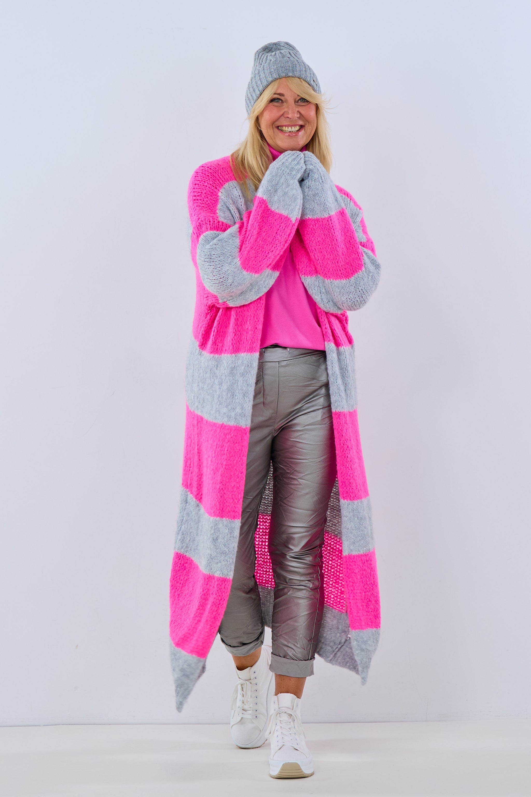 gestreifter Strickmantel, grau-pink von Trends & Lifestyle