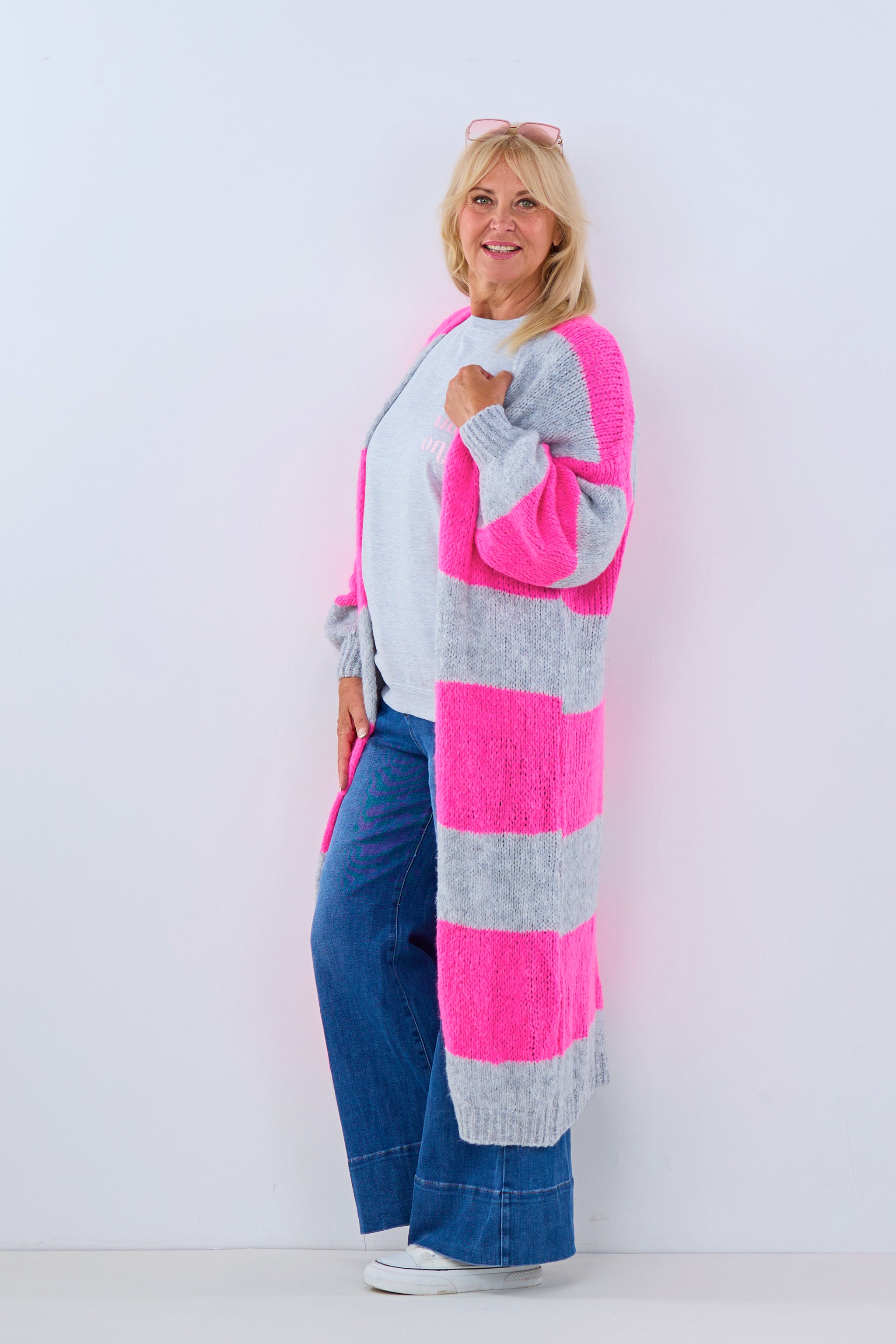 gestreifter Strickmantel, grau-pink von Trends & Lifestyle