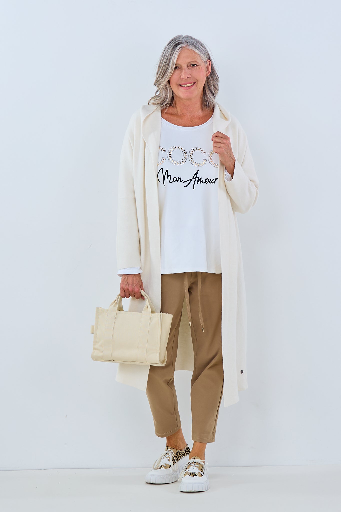 Long cardigan with hood, ecru/light beige