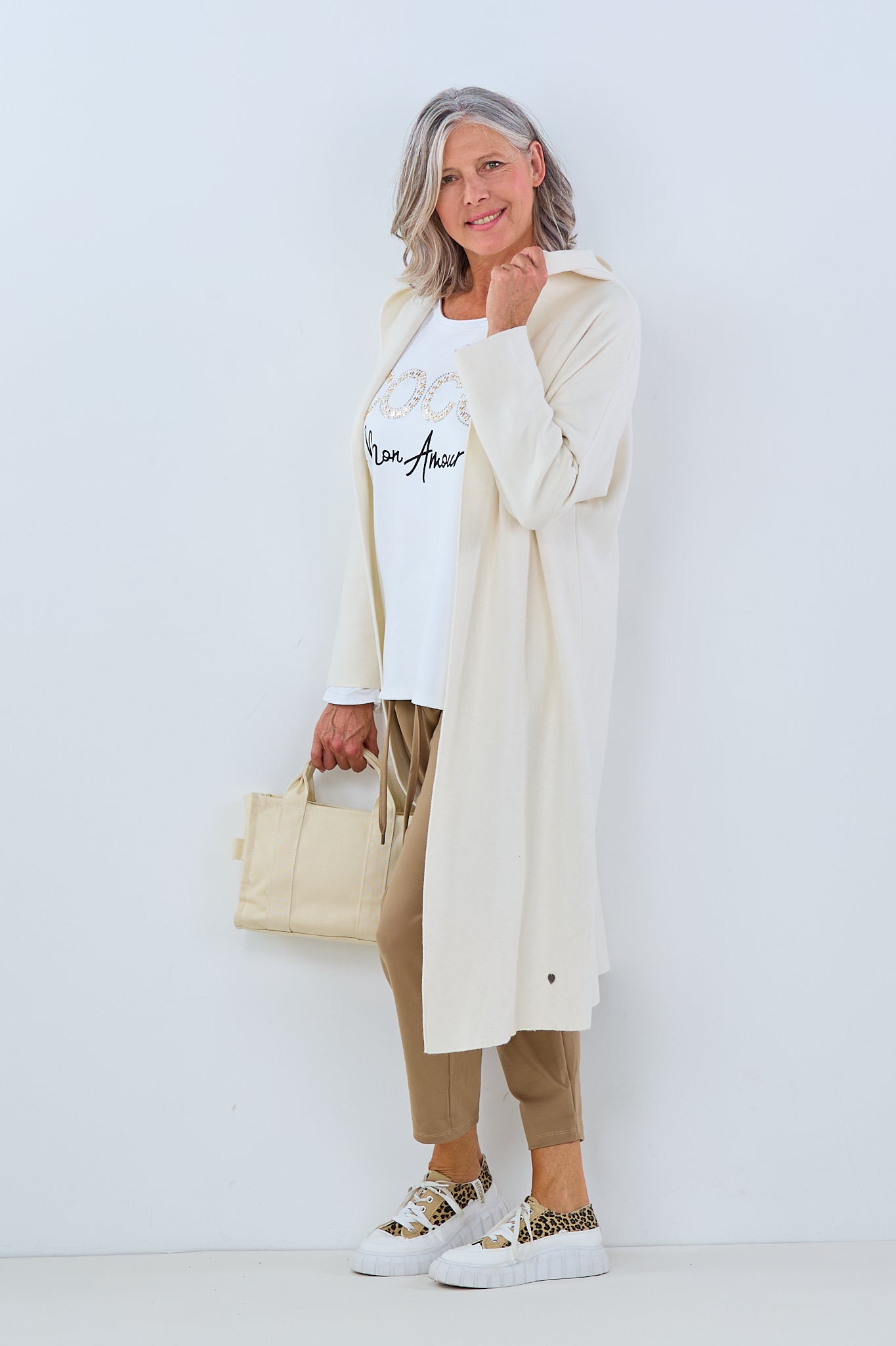 Long cardigan with hood, ecru/light beige