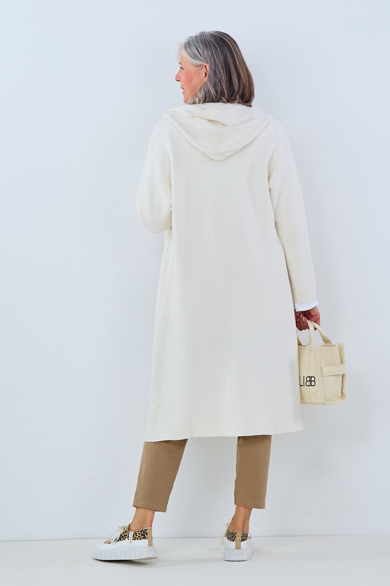 Long cardigan with hood, ecru/light beige