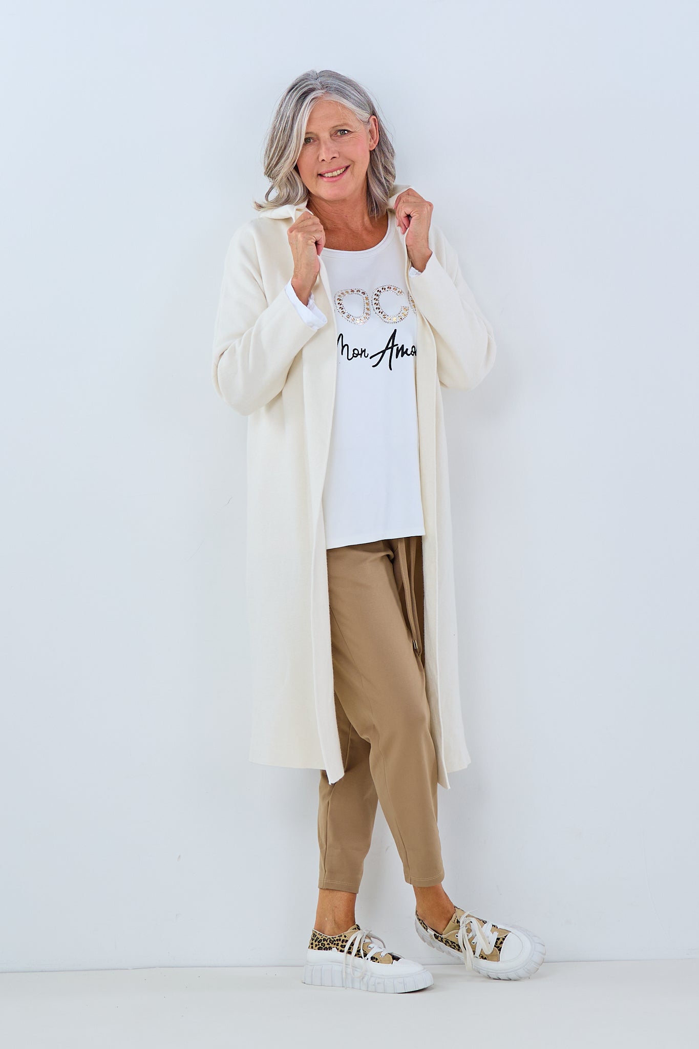 Long cardigan with hood, ecru/light beige