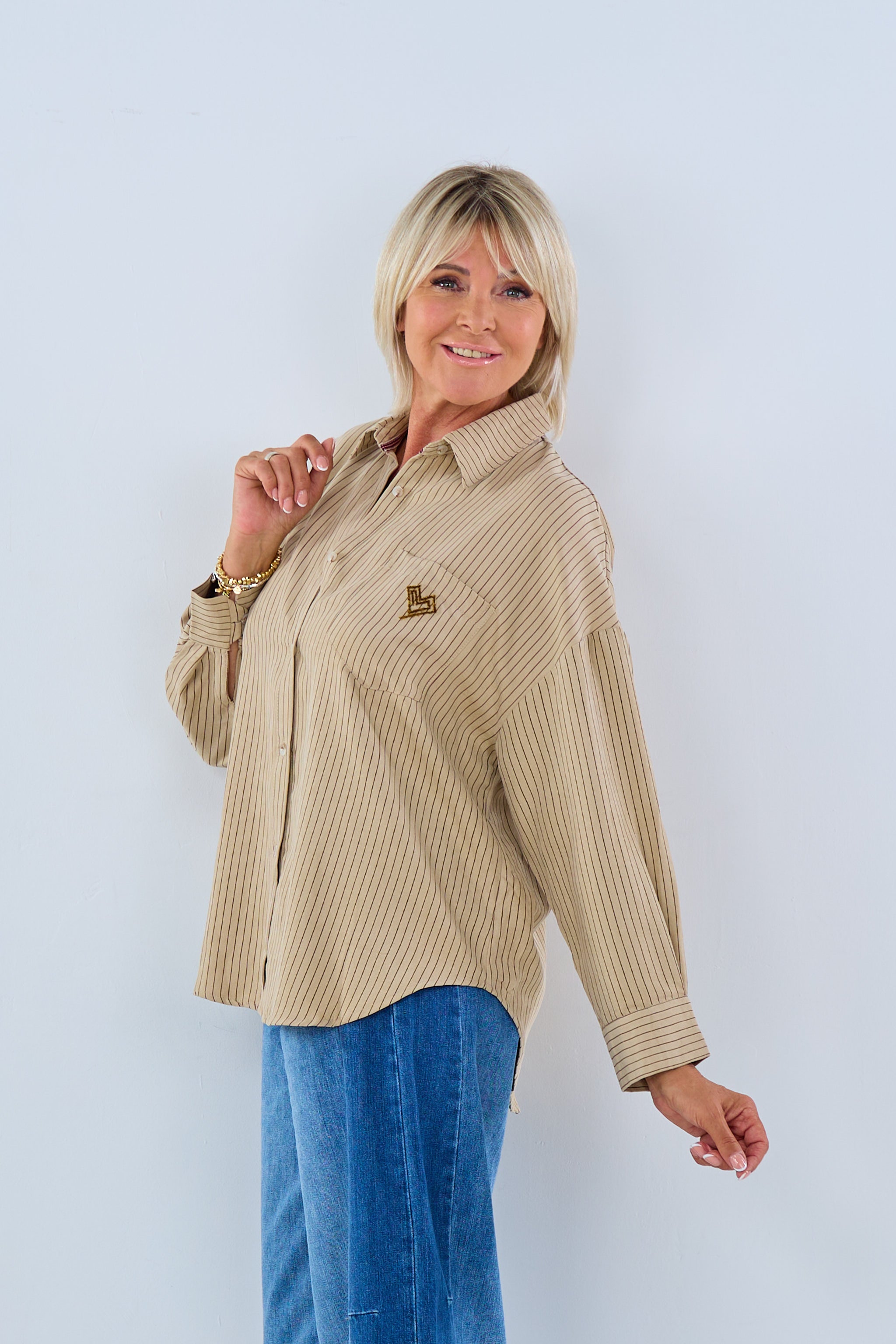 Shirt blouse with pinstripes, camel brown