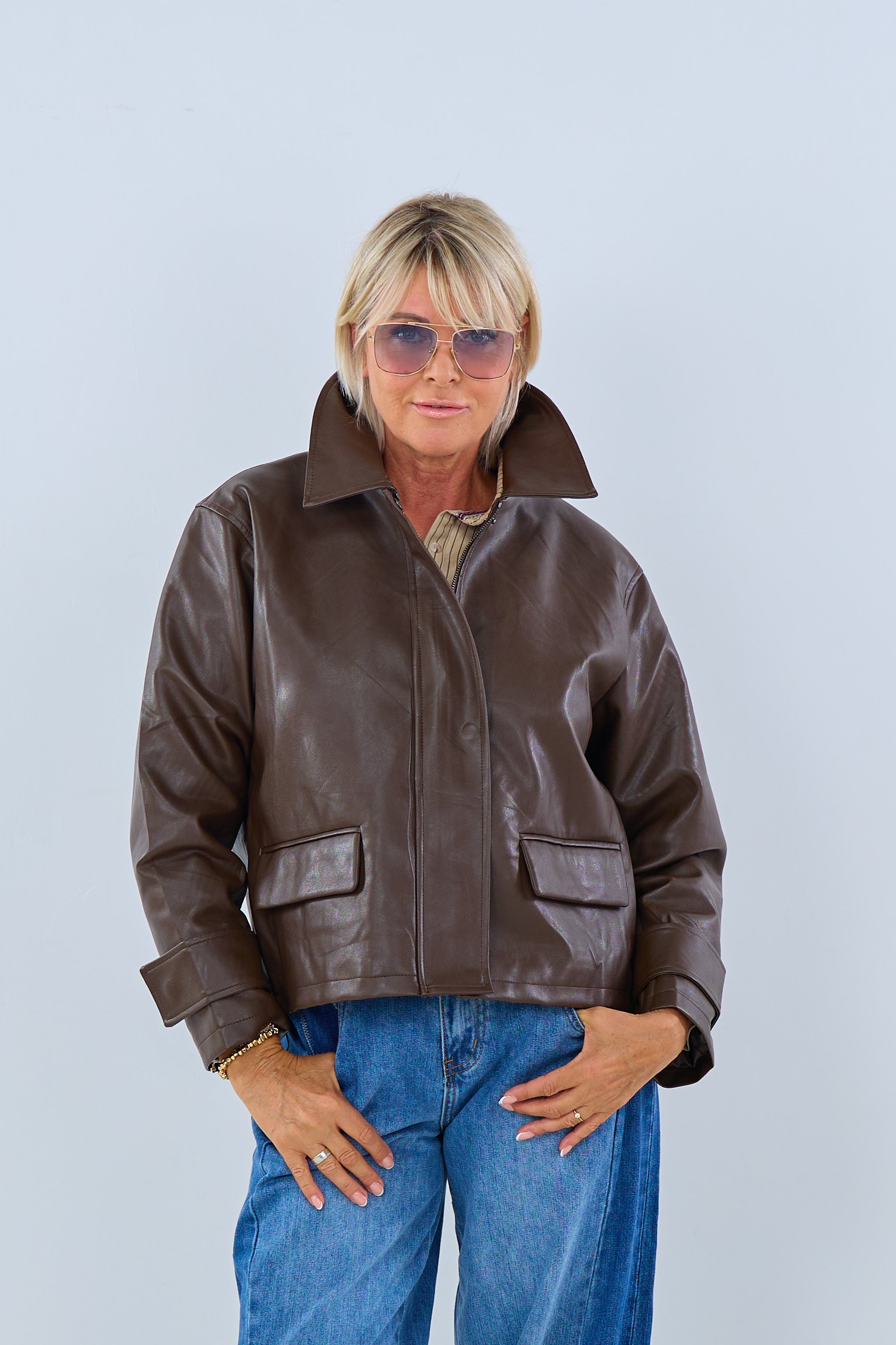 Oversized faux leather jacket , brown