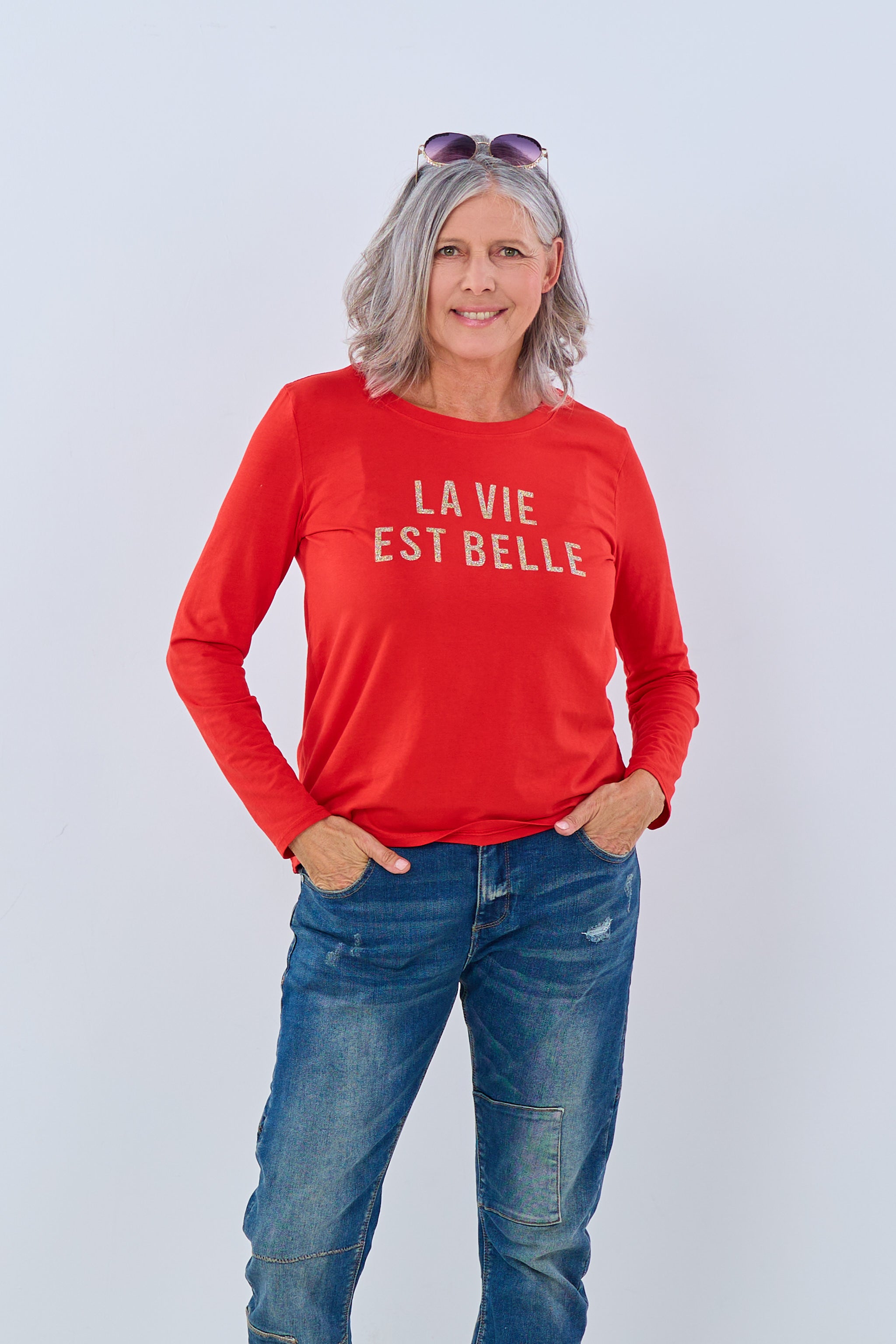 Longsleeve mit la vie est belle Print, rot