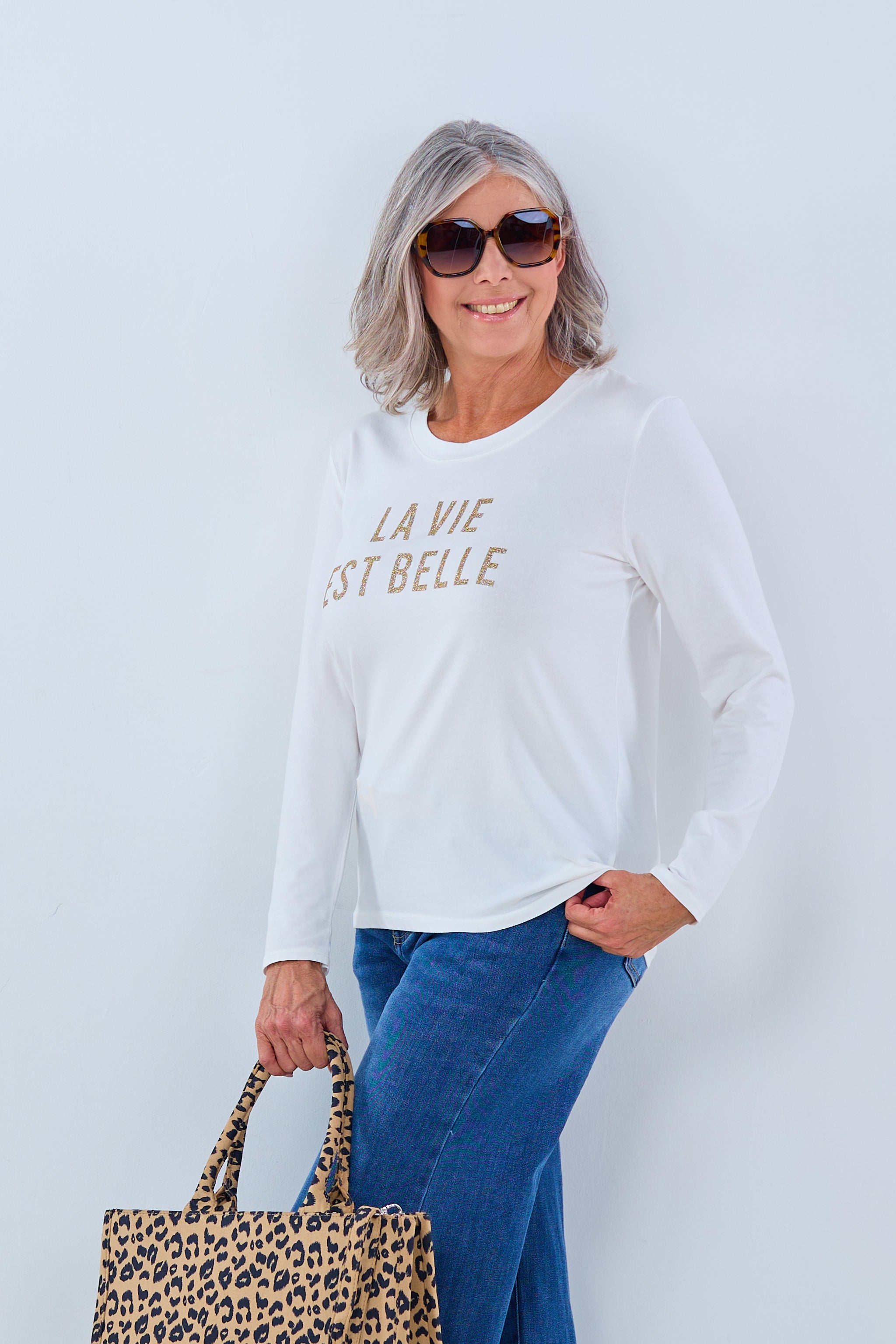 Longsleeve with la vie est belle Print, ecru