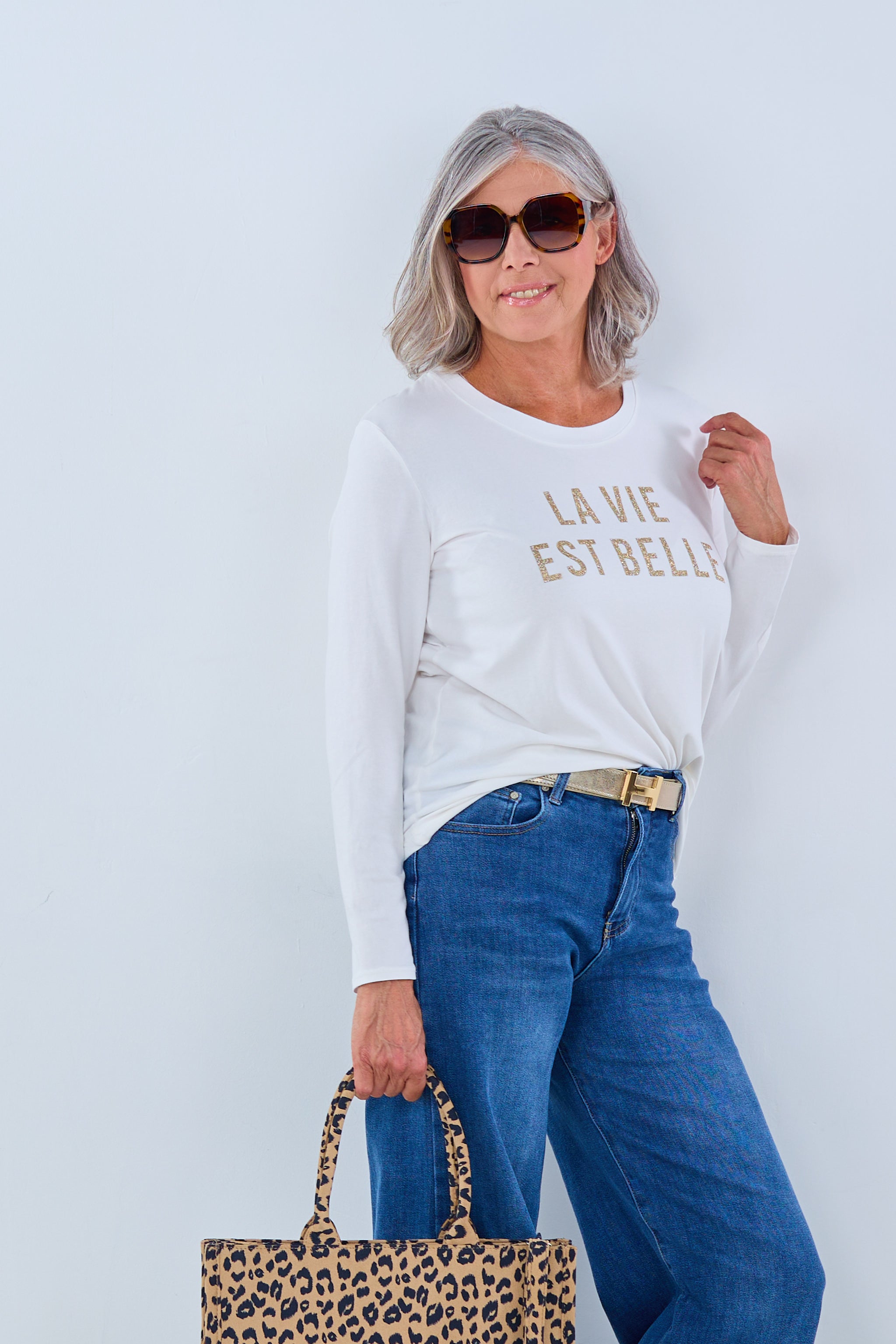 Longsleeve with la vie est belle Print, ecru