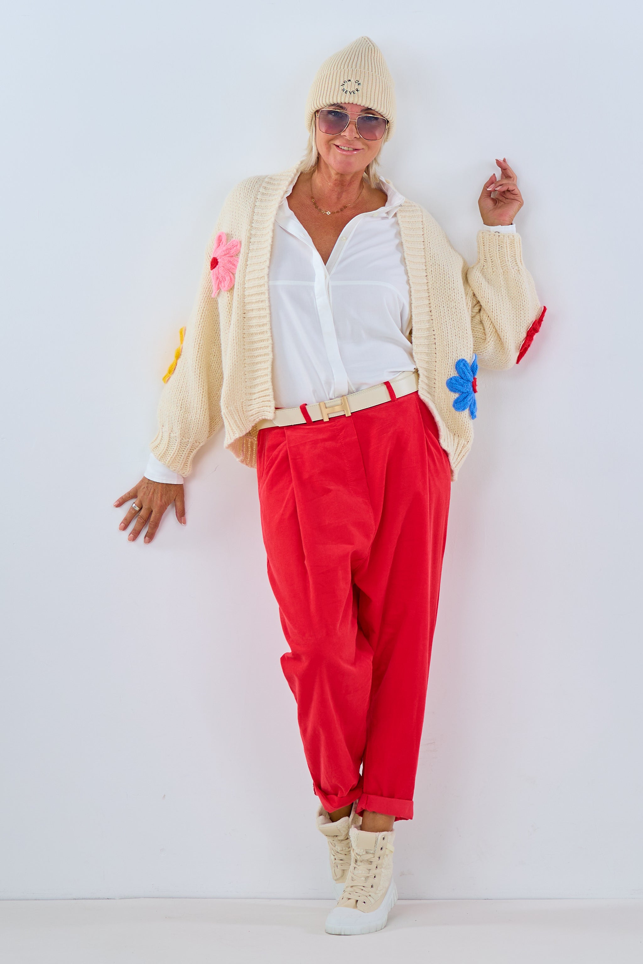 cute cardigan with flowers, cream-colored