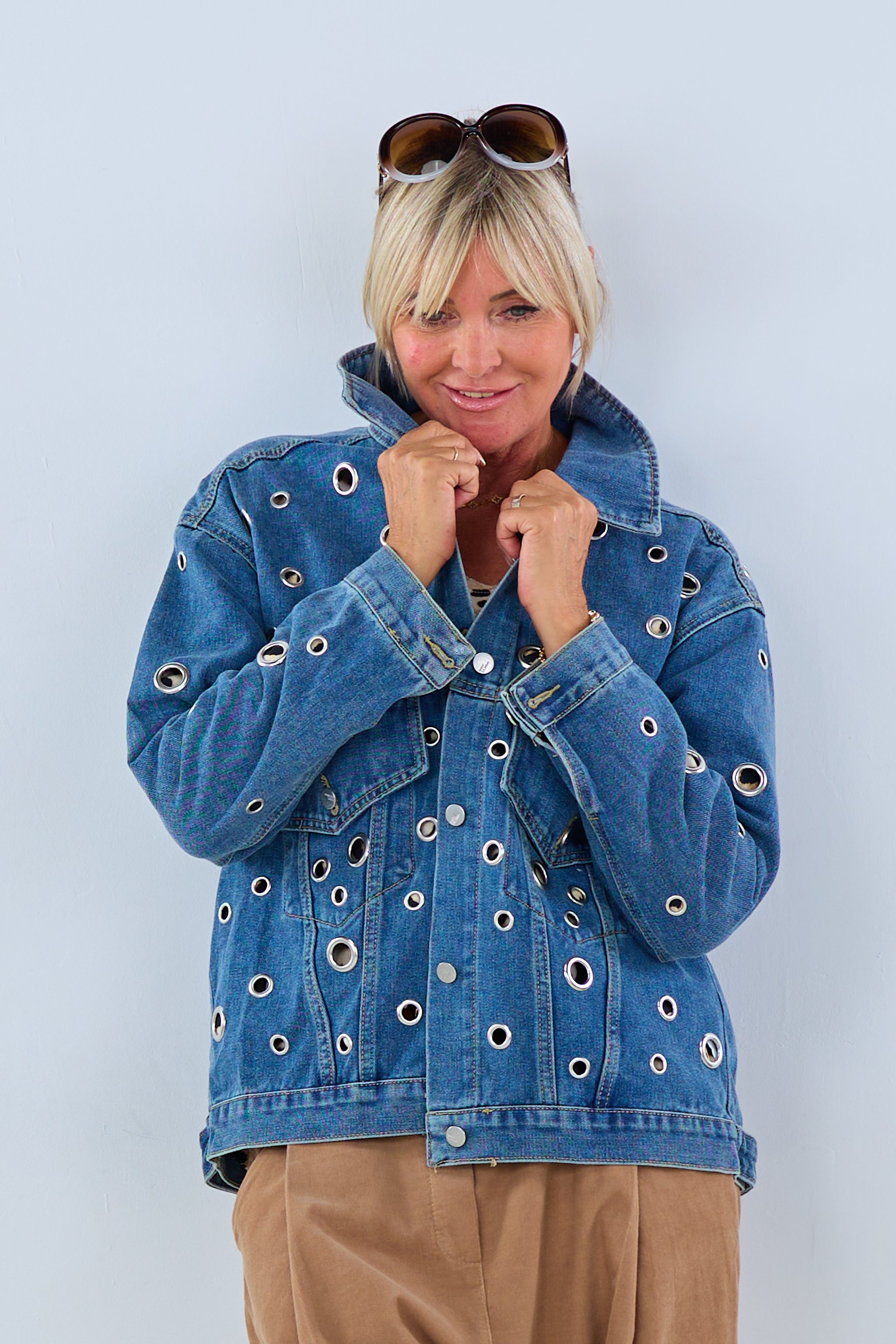 Oversized denim jacket with eyelets, denim blue