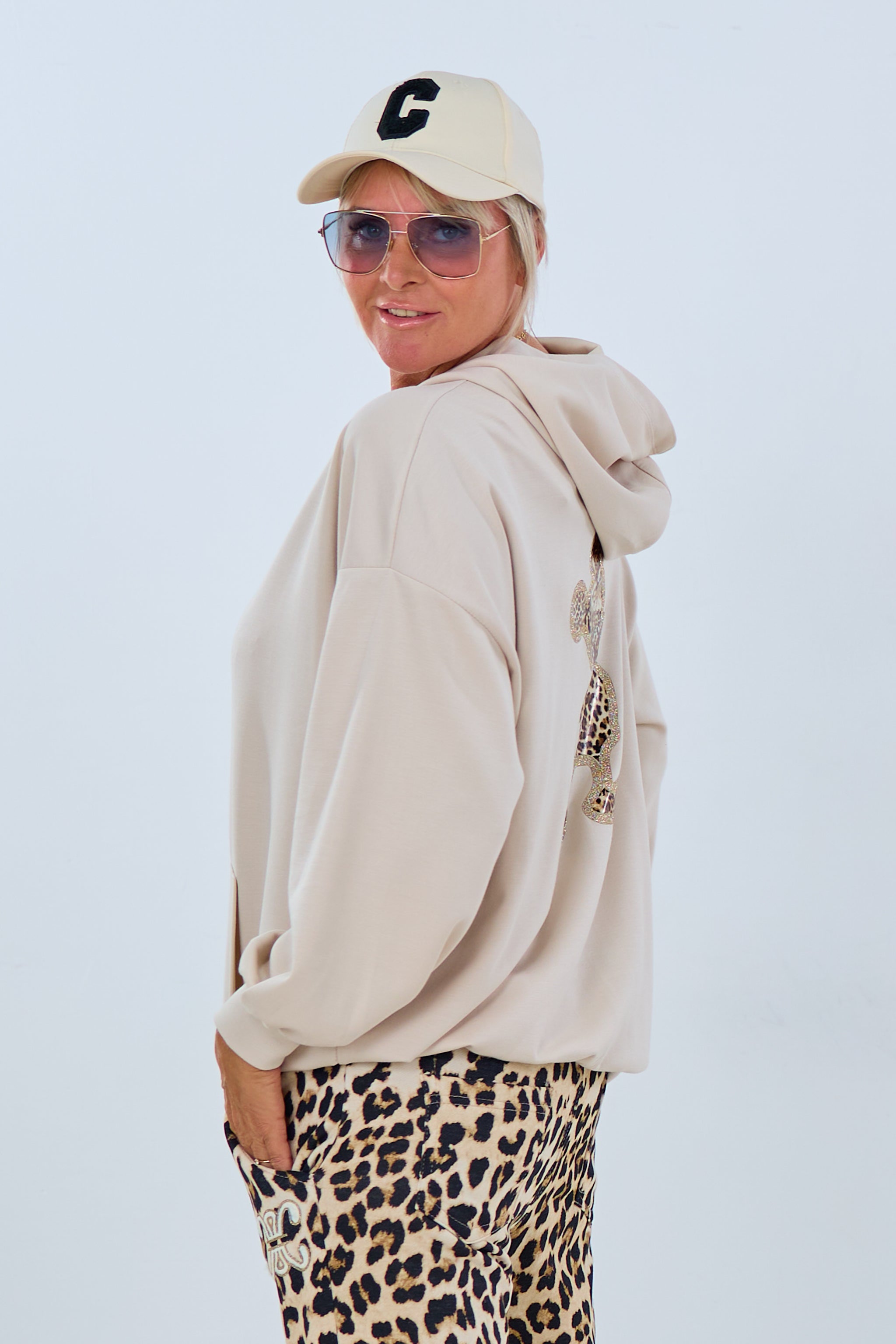 Viscose hoodie with Leo patch, beige