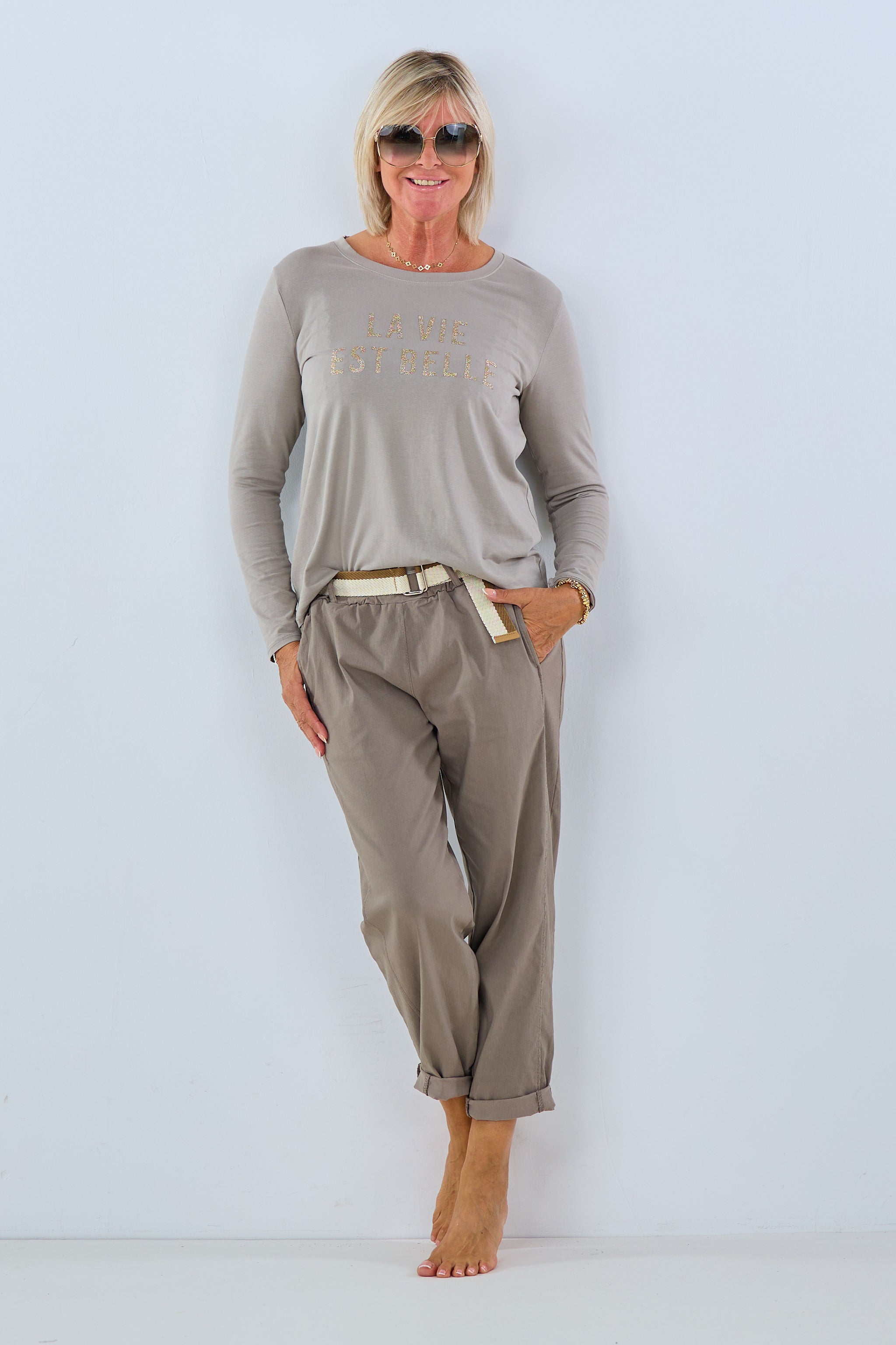 Pull-on trousers with bicolor belt, taupe