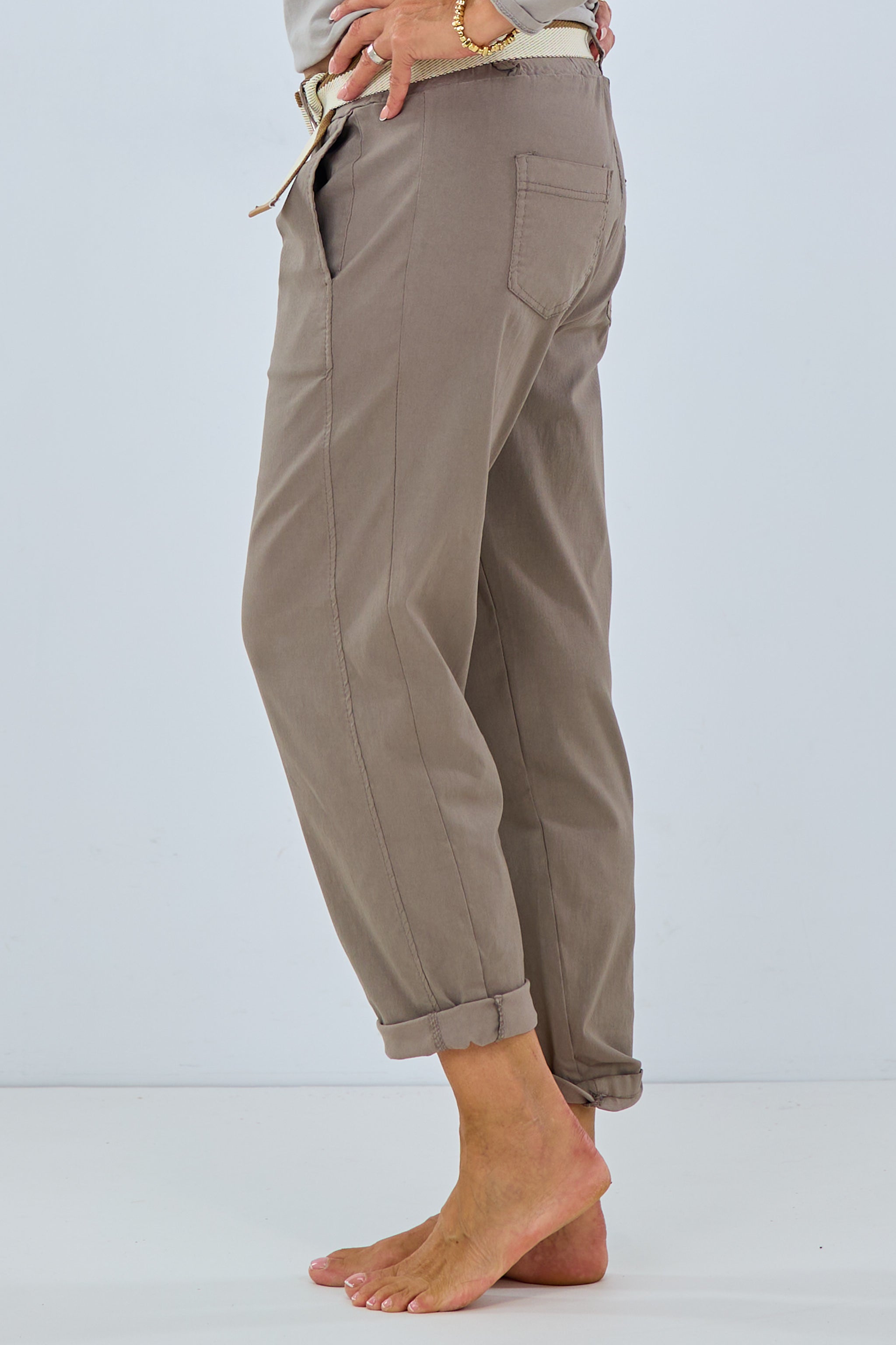 Pull-on trousers with bicolor belt, taupe