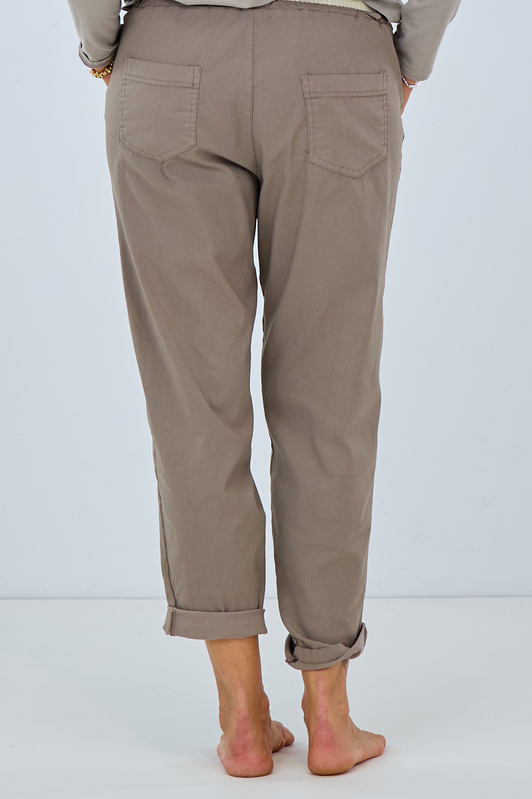 Pull-on trousers with bicolor belt, taupe