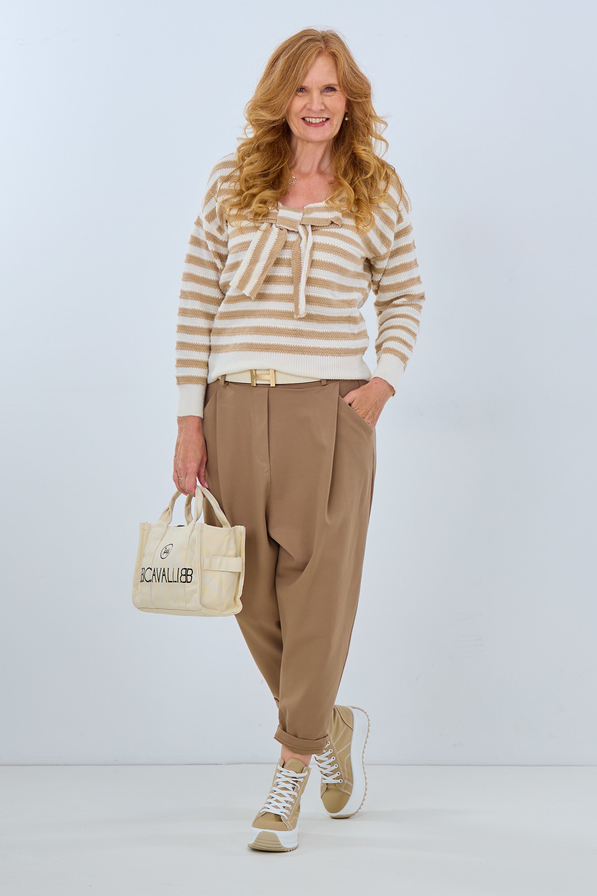 Striped sweater with bow, beige-ecru